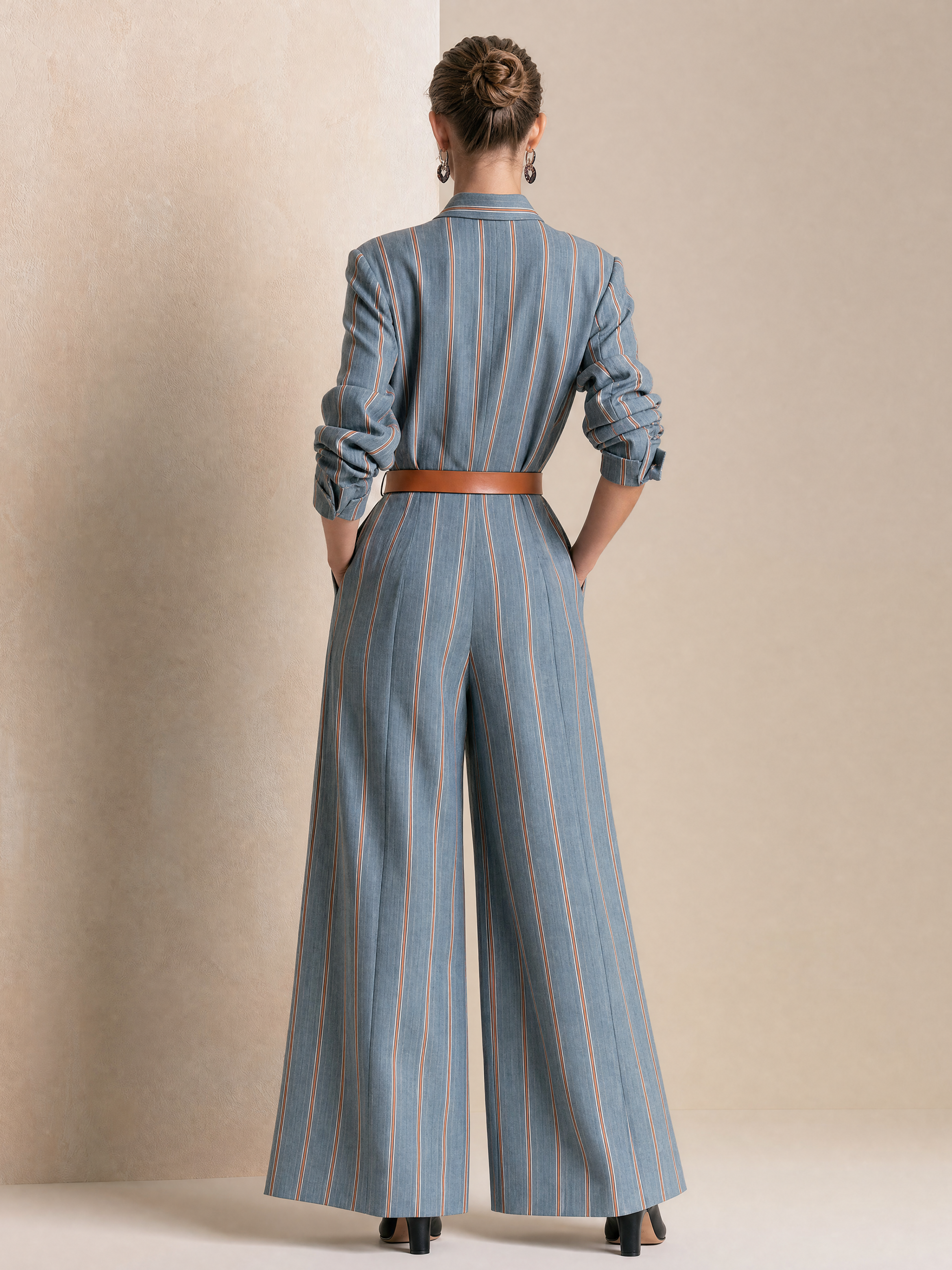 Elegant Misty Blue & Brown Contrast Striped Wide-Leg Jumpsuit