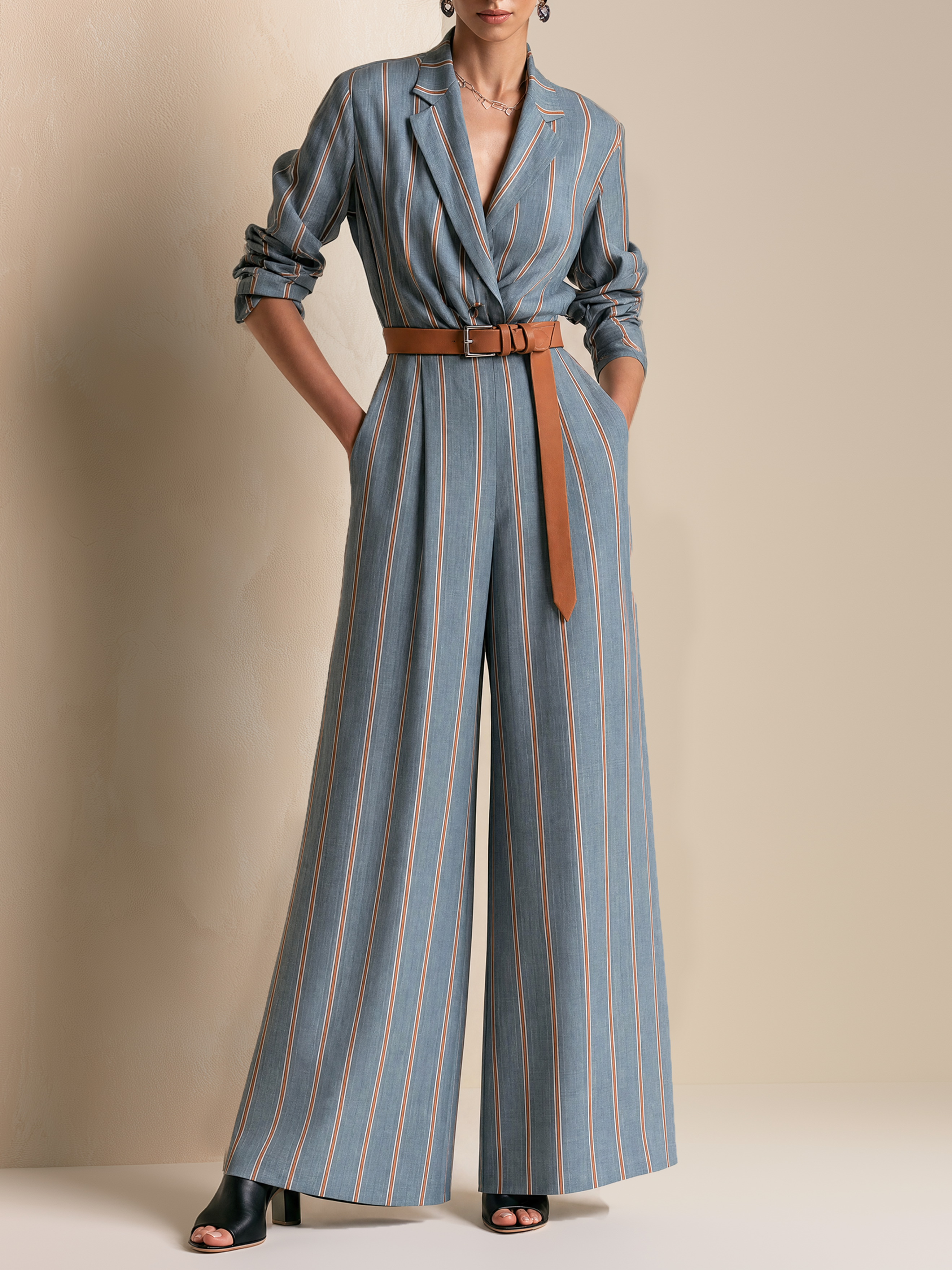 Elegant Misty Blue & Brown Contrast Striped Wide-Leg Jumpsuit