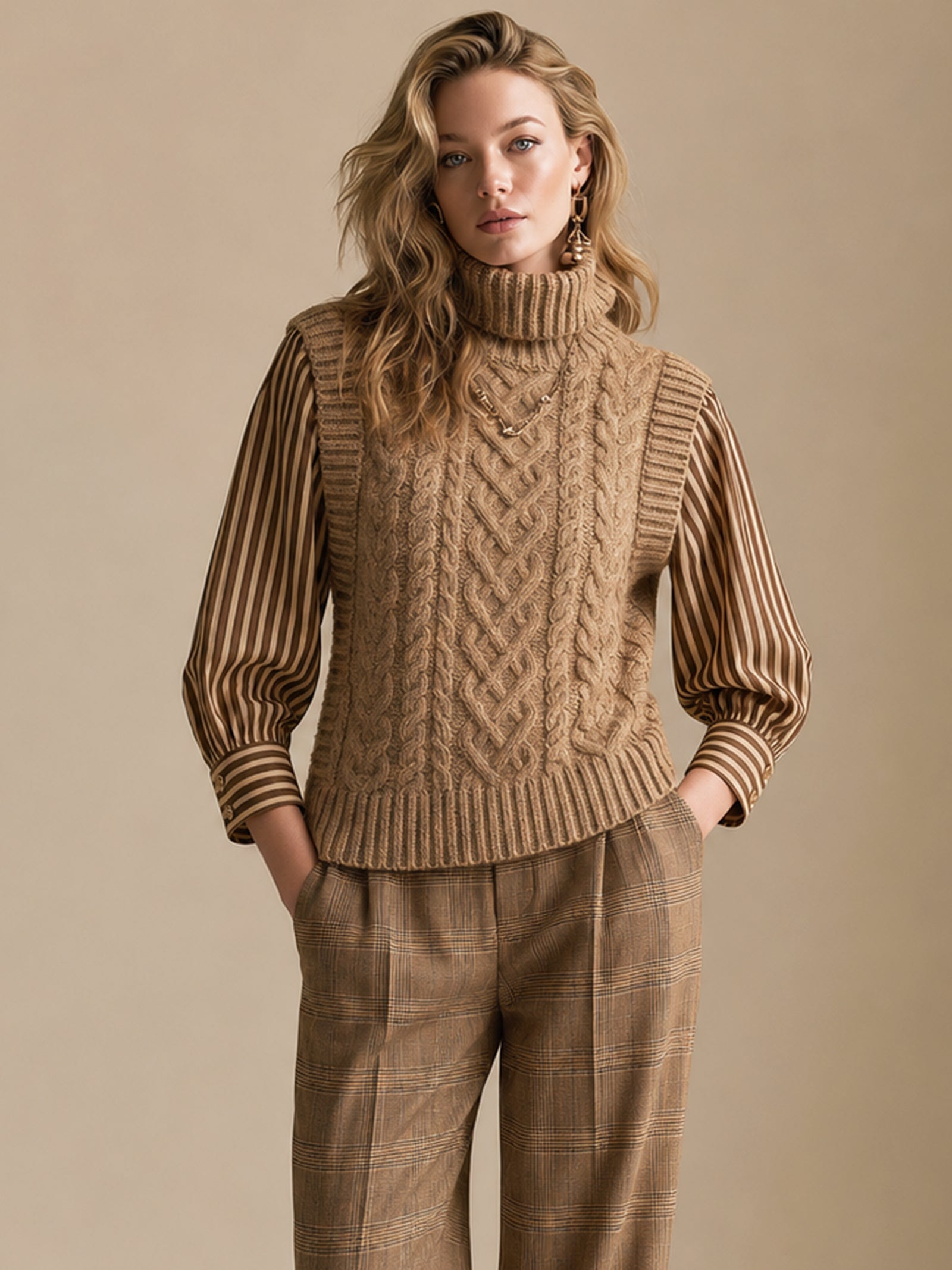 Brown Knit Vest With Spliced shirt Sleeves