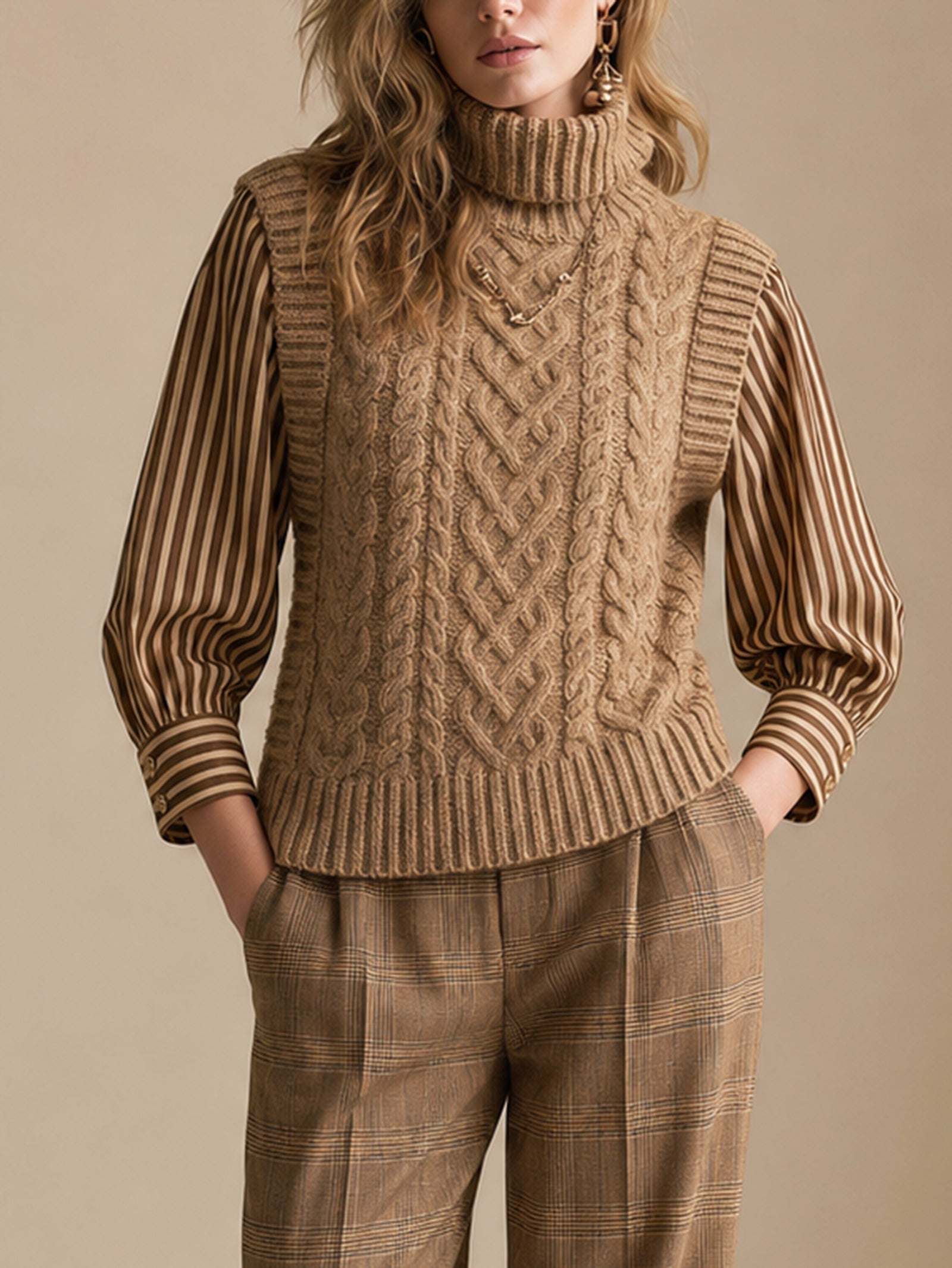 Brown Knit Vest With Spliced shirt Sleeves