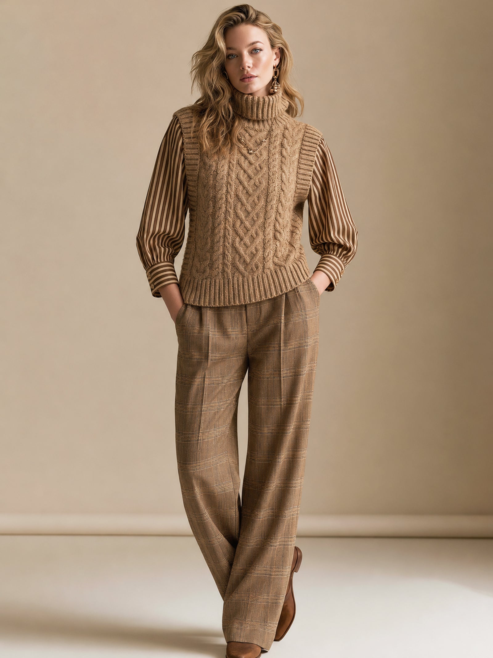 Brown Knit Vest With Spliced shirt Sleeves