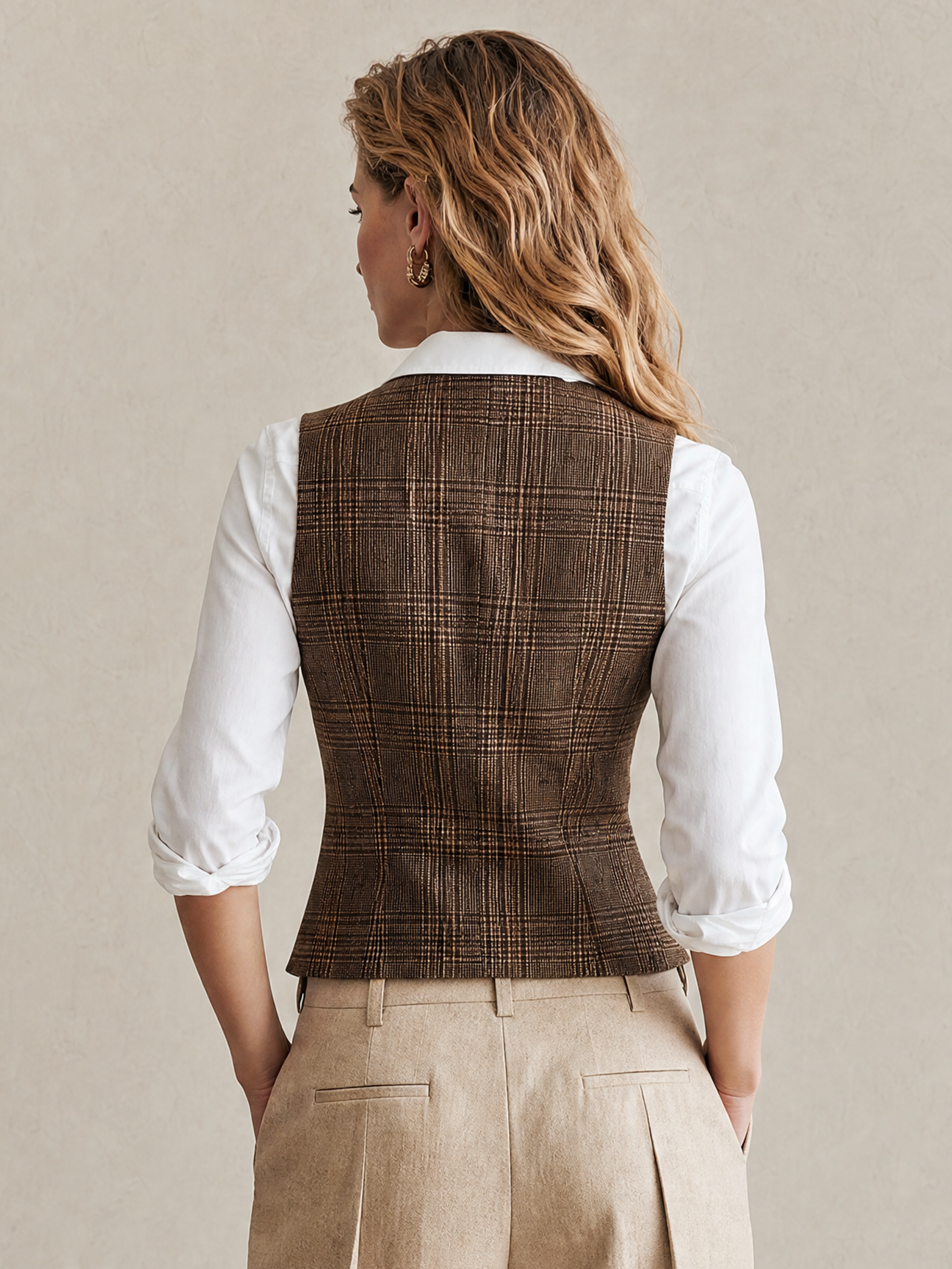 Elegant Dark Coffee & Beige Plaid Suit Vest