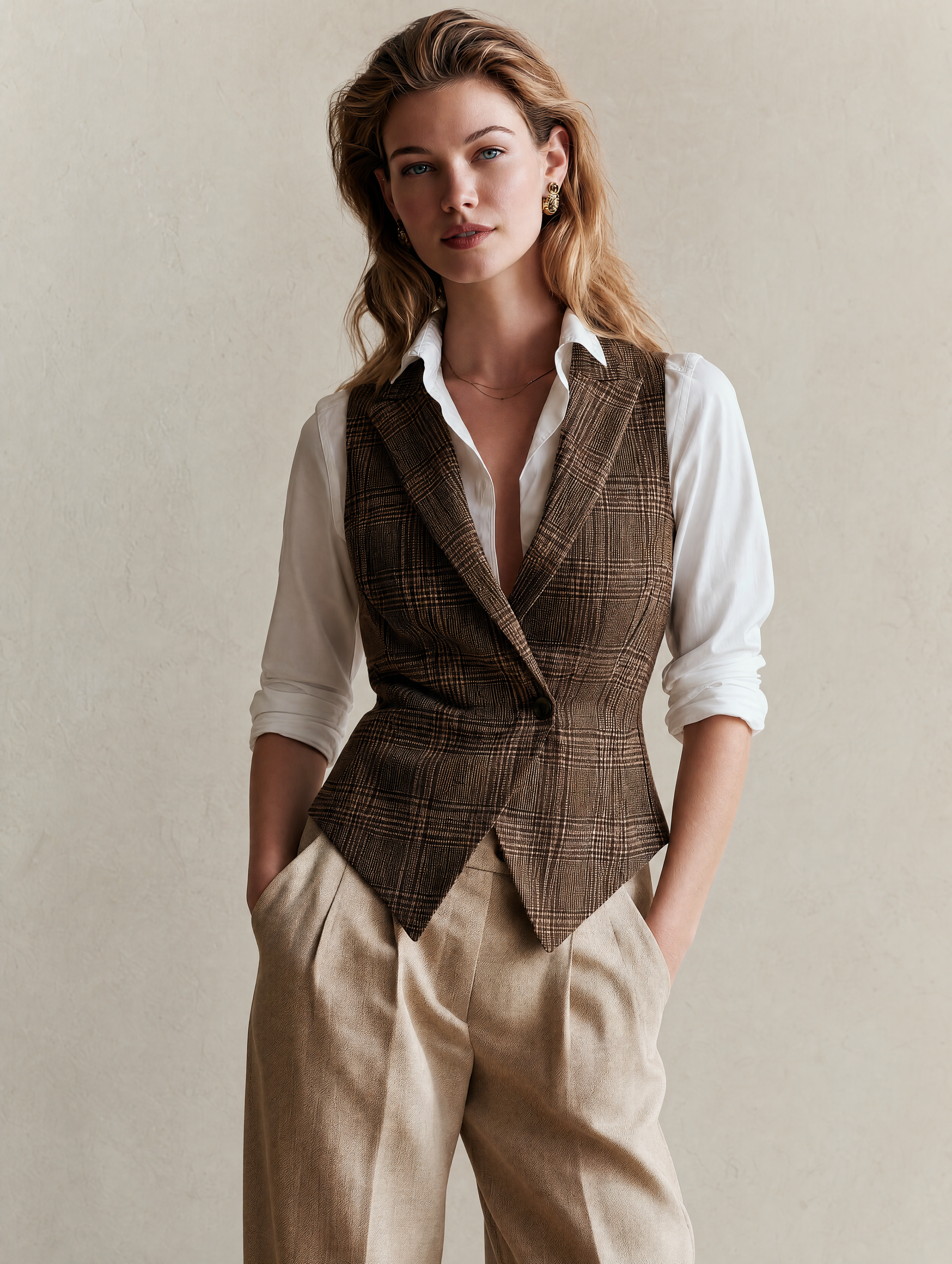 Elegant Dark Coffee & Beige Plaid Suit Vest