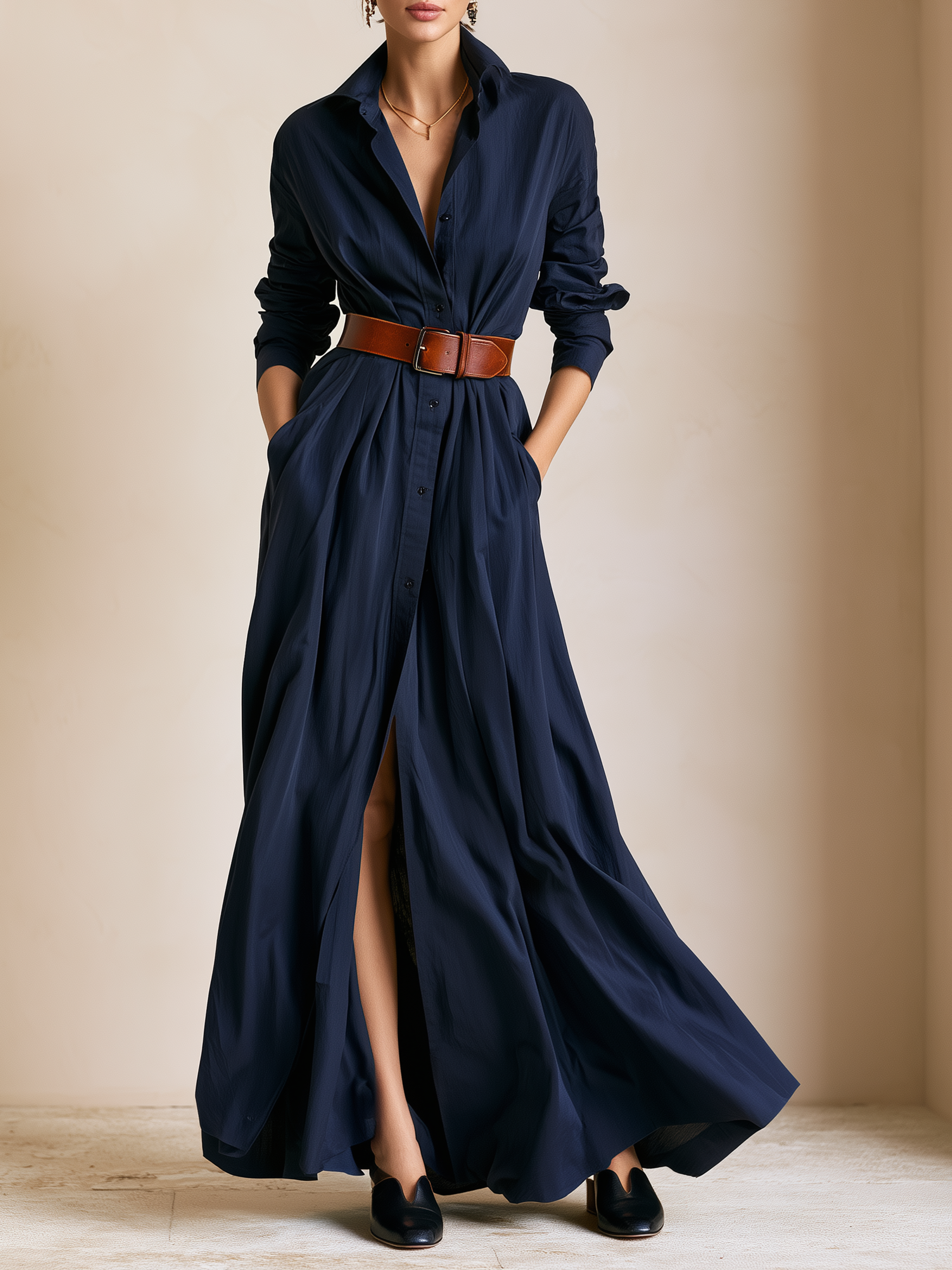 Elegant Navy Shirt Maxi Dress With Brown Belt