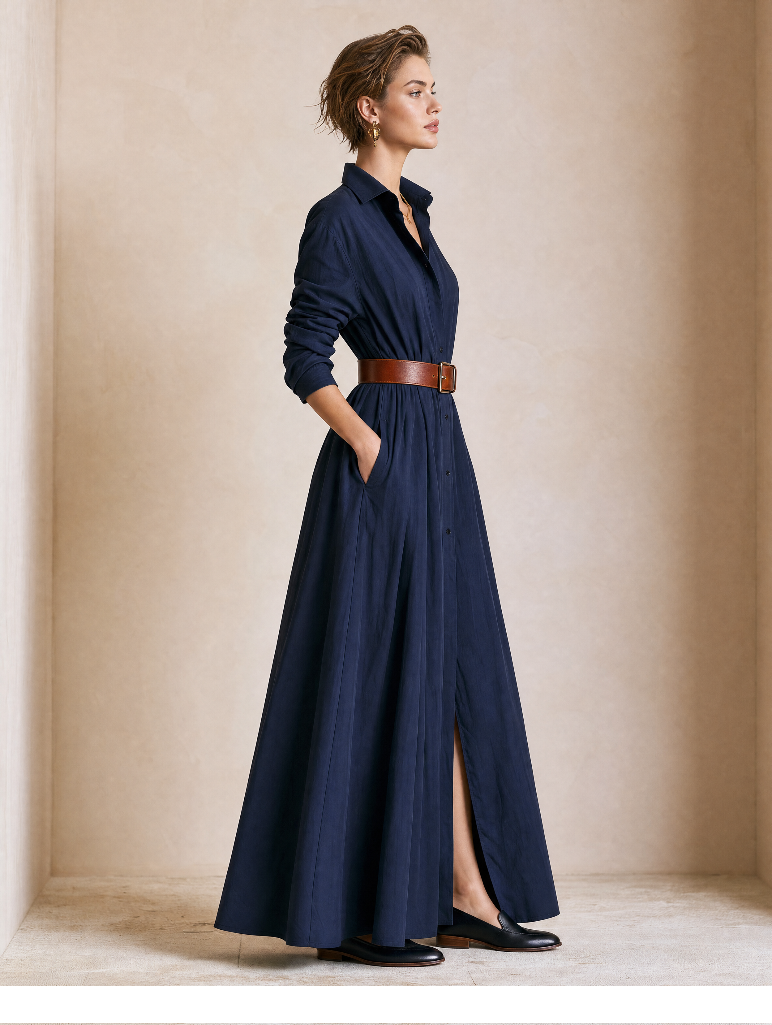 Elegant Navy Shirt Maxi Dress With Brown Belt