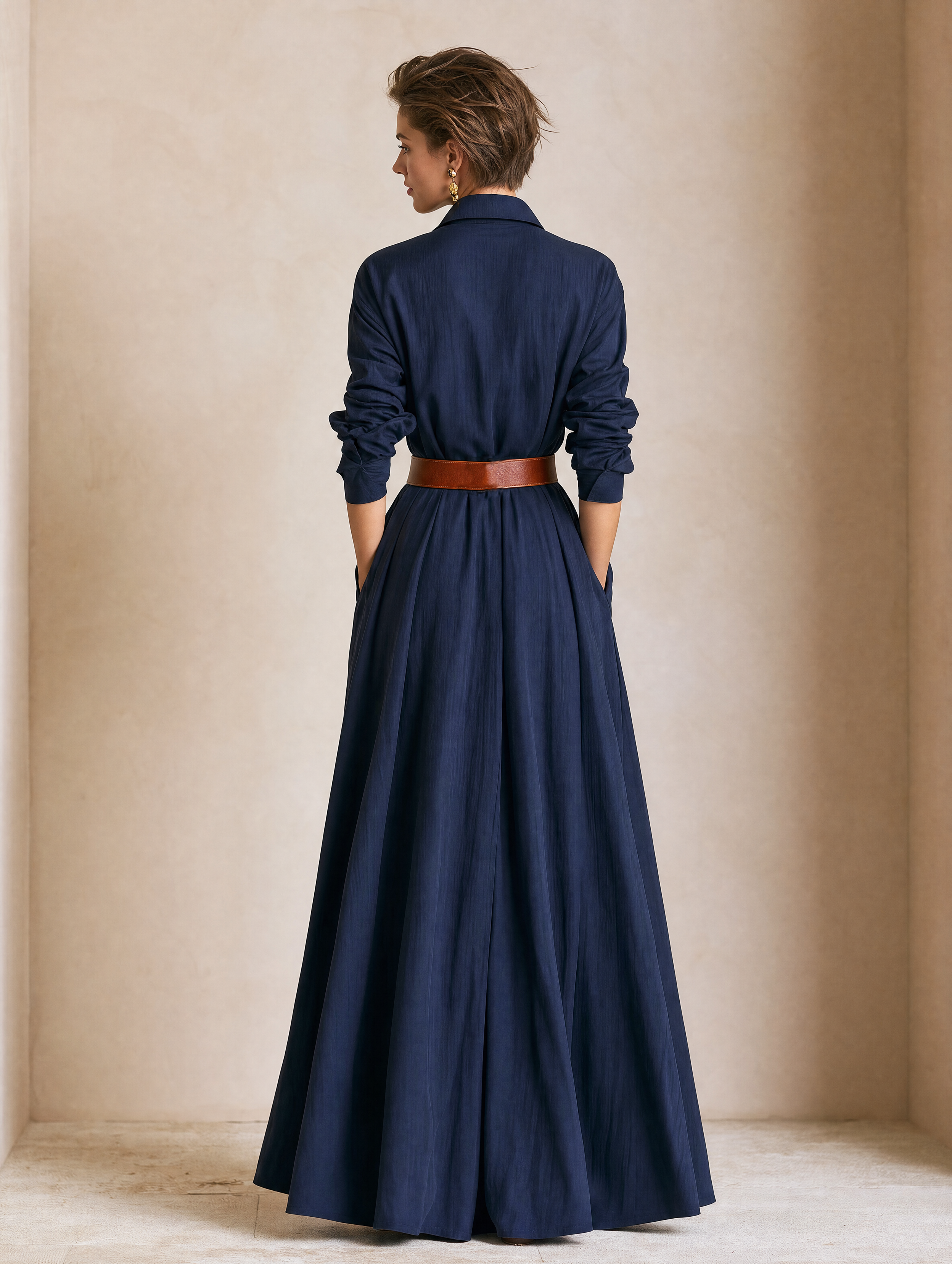 Elegant Navy Shirt Maxi Dress With Brown Belt