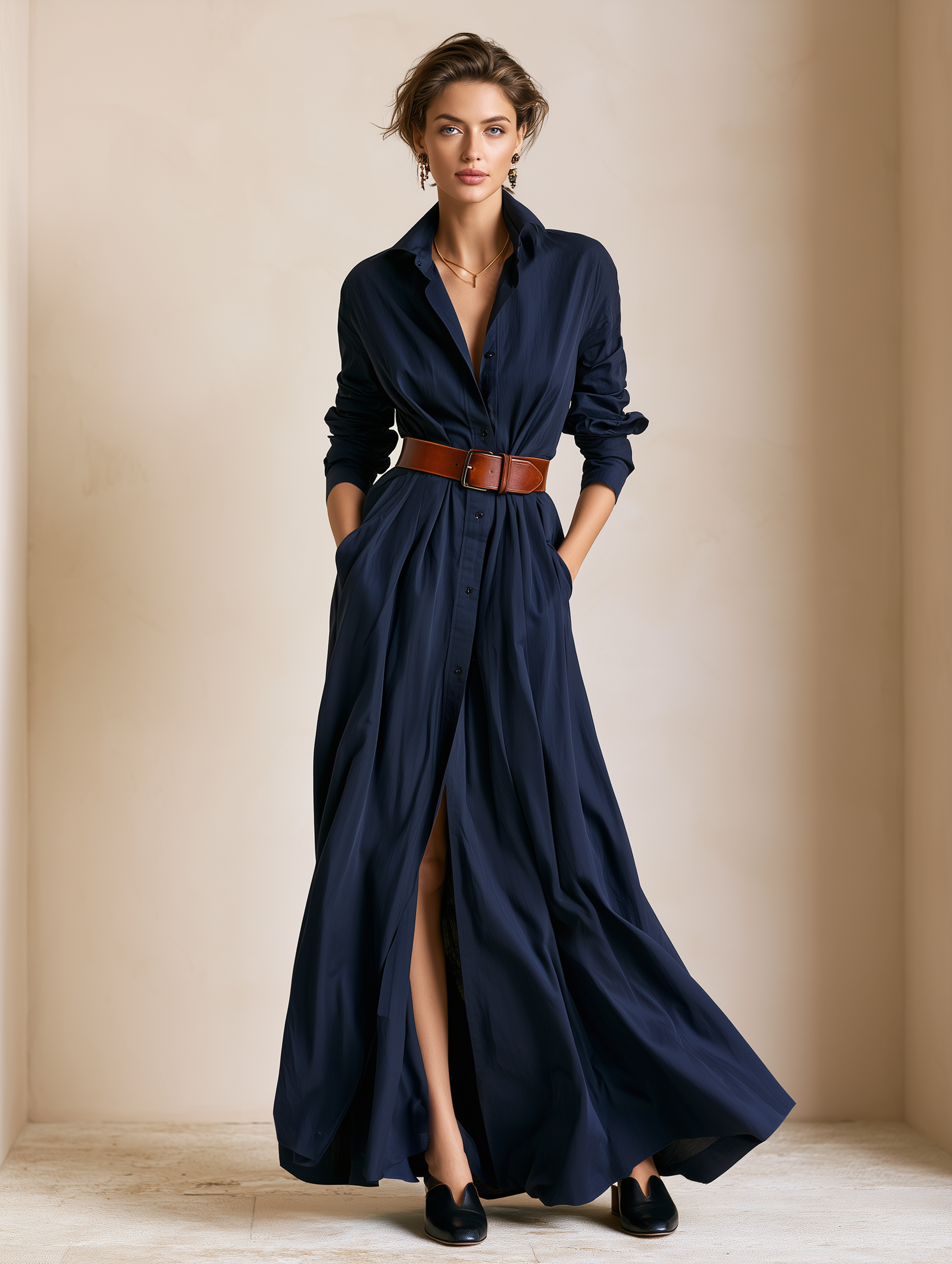 Elegant Navy Shirt Maxi Dress With Brown Belt