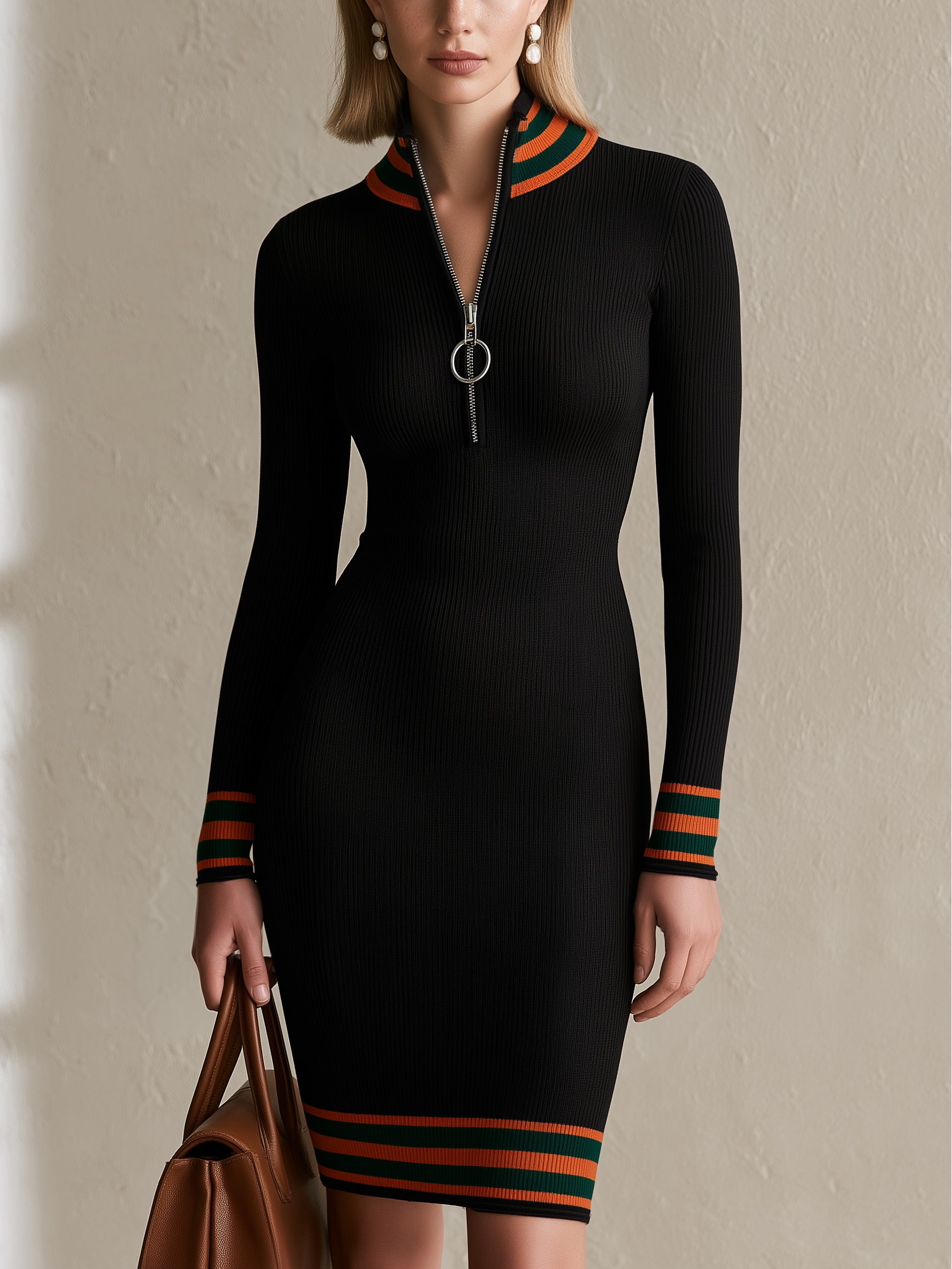 Half‑Zip Stand‑Collar Rib‑Knit Midi Dress