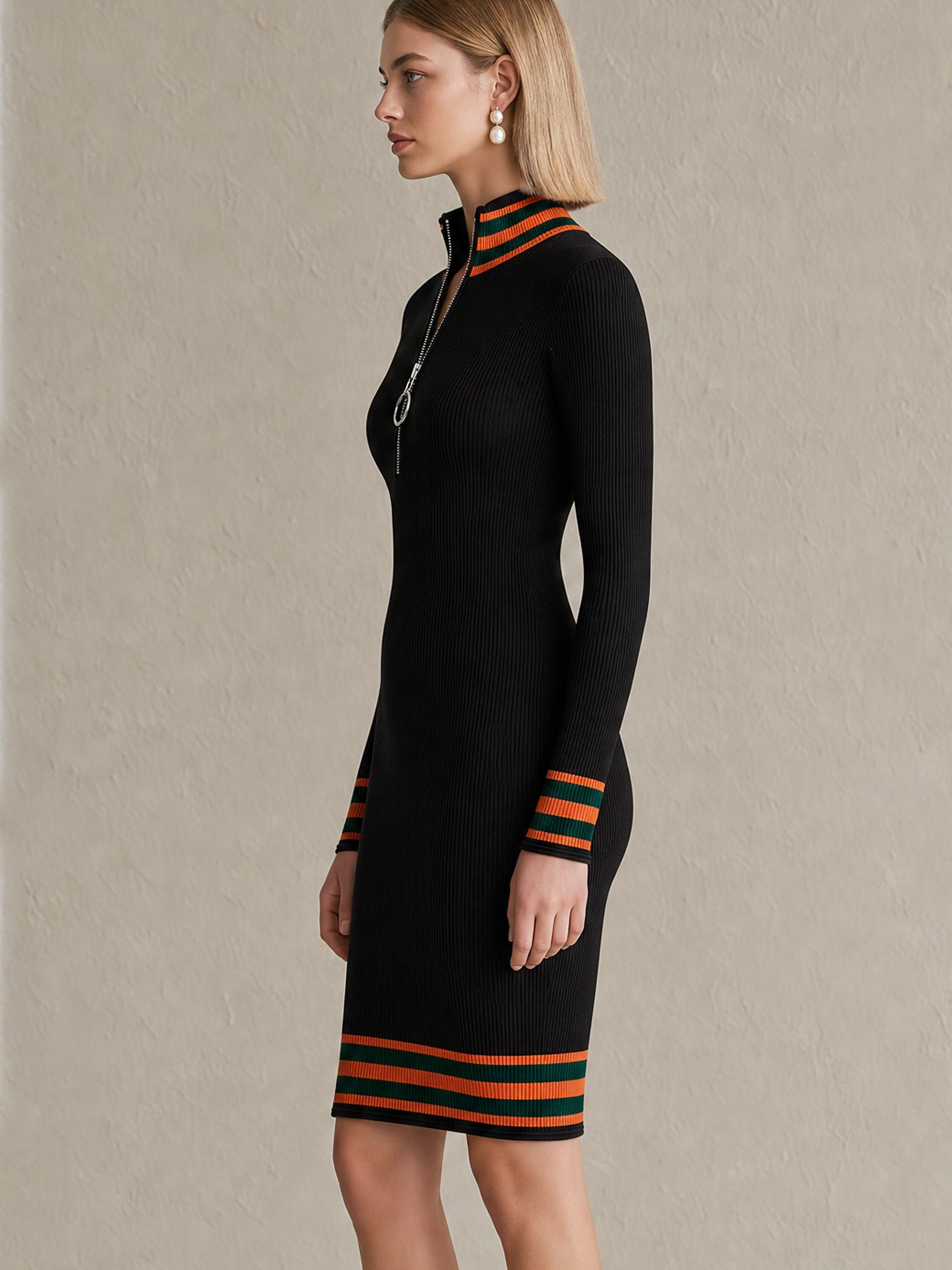 Half‑Zip Stand‑Collar Rib‑Knit Midi Dress