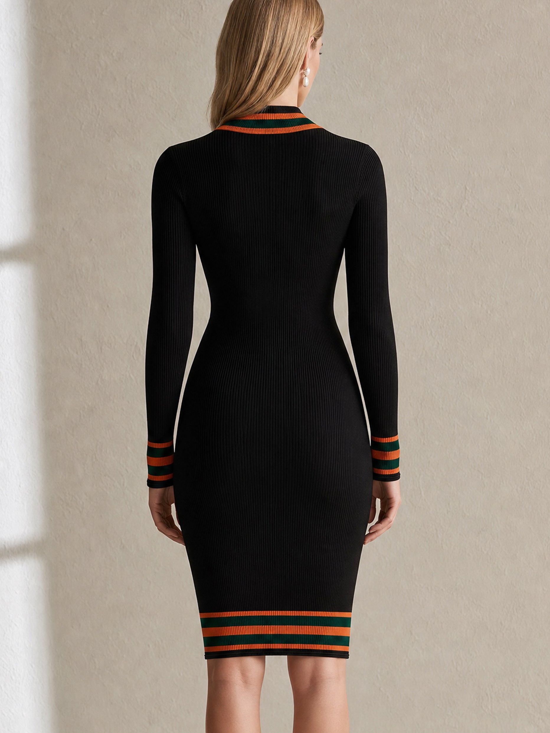 Half‑Zip Stand‑Collar Rib‑Knit Midi Dress