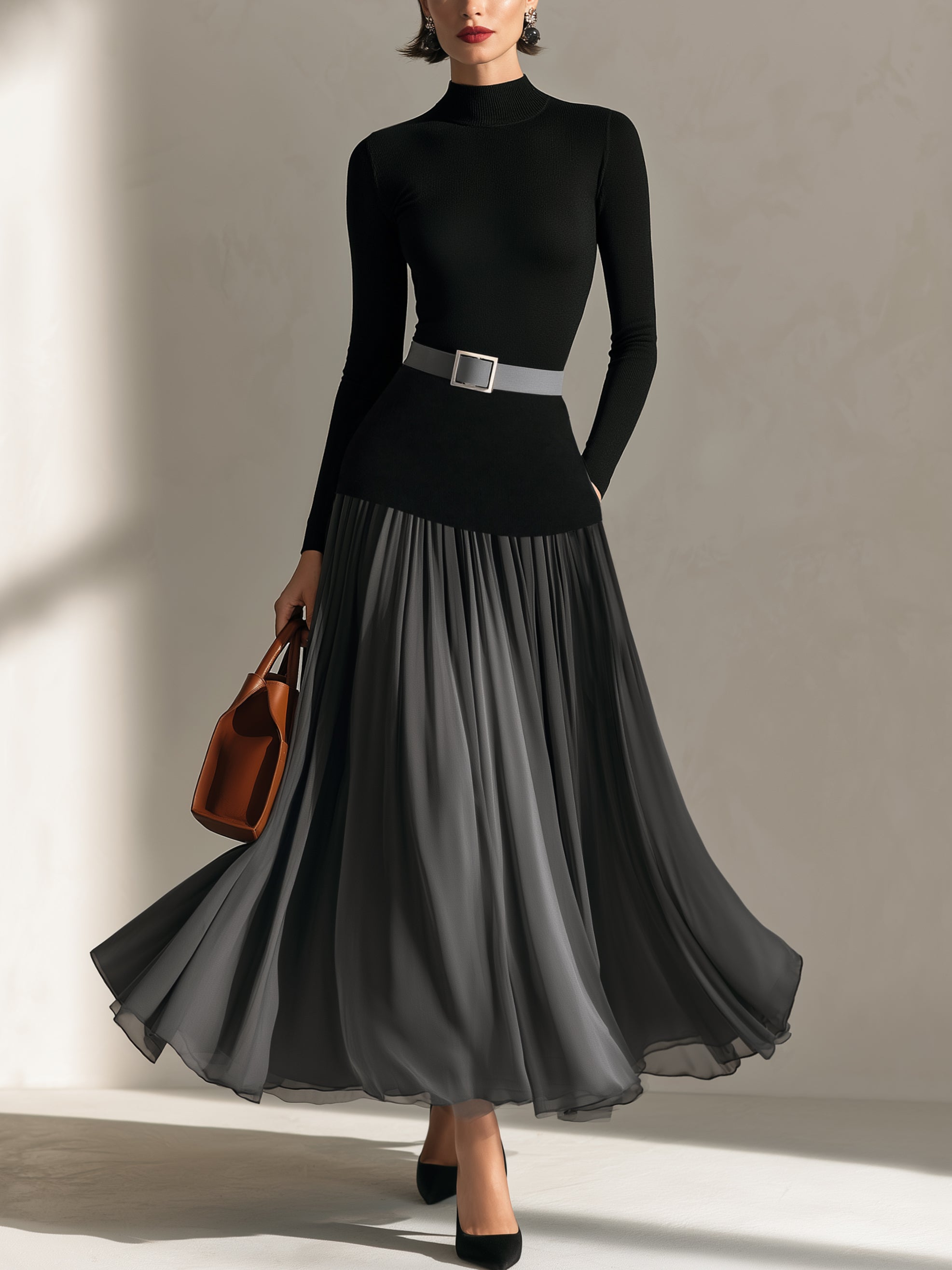 Mock‑Neck Knit‑Chiffon Mixed‑Media Maxi Dress