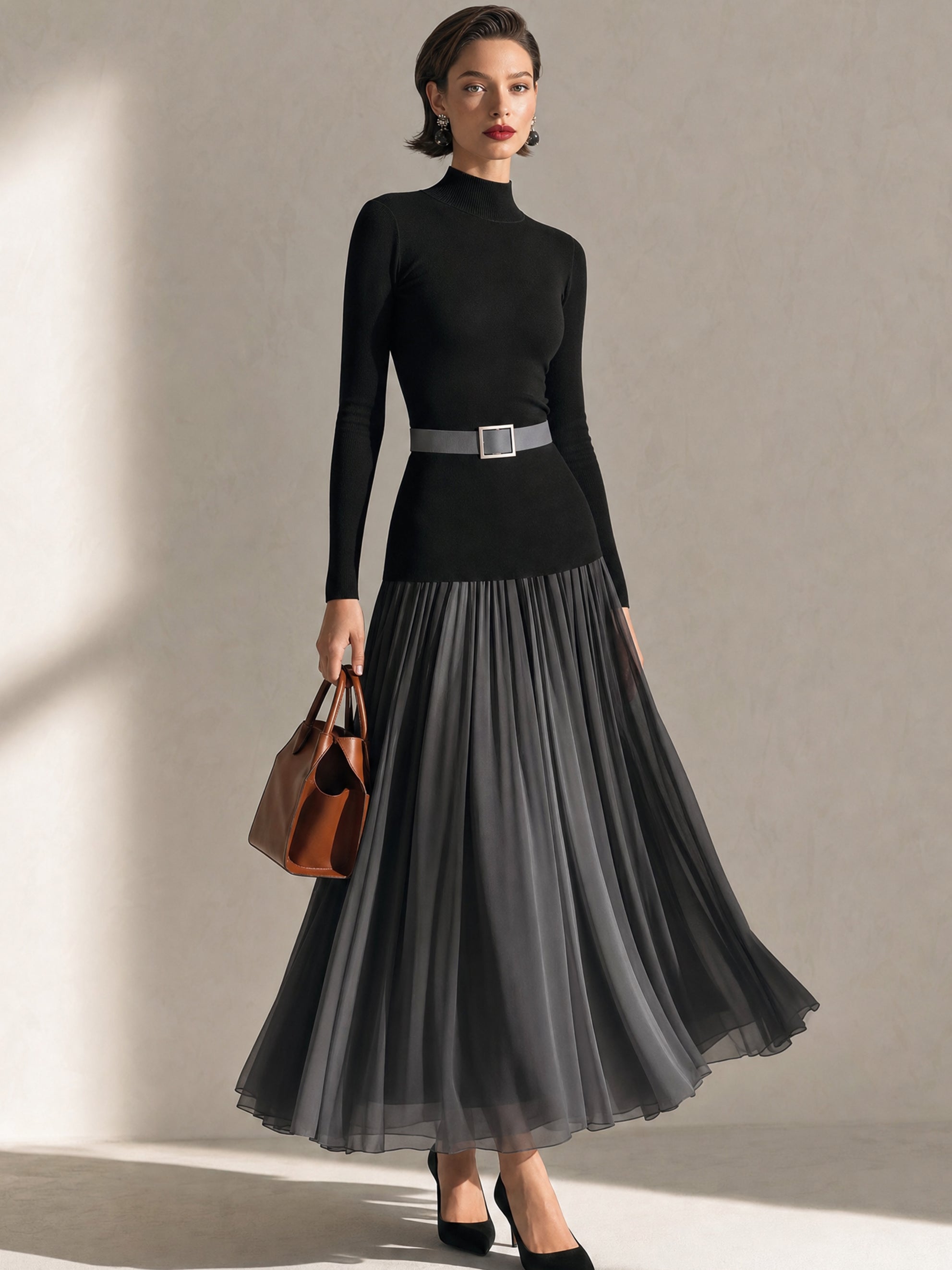 Mock‑Neck Knit‑Chiffon Mixed‑Media Maxi Dress
