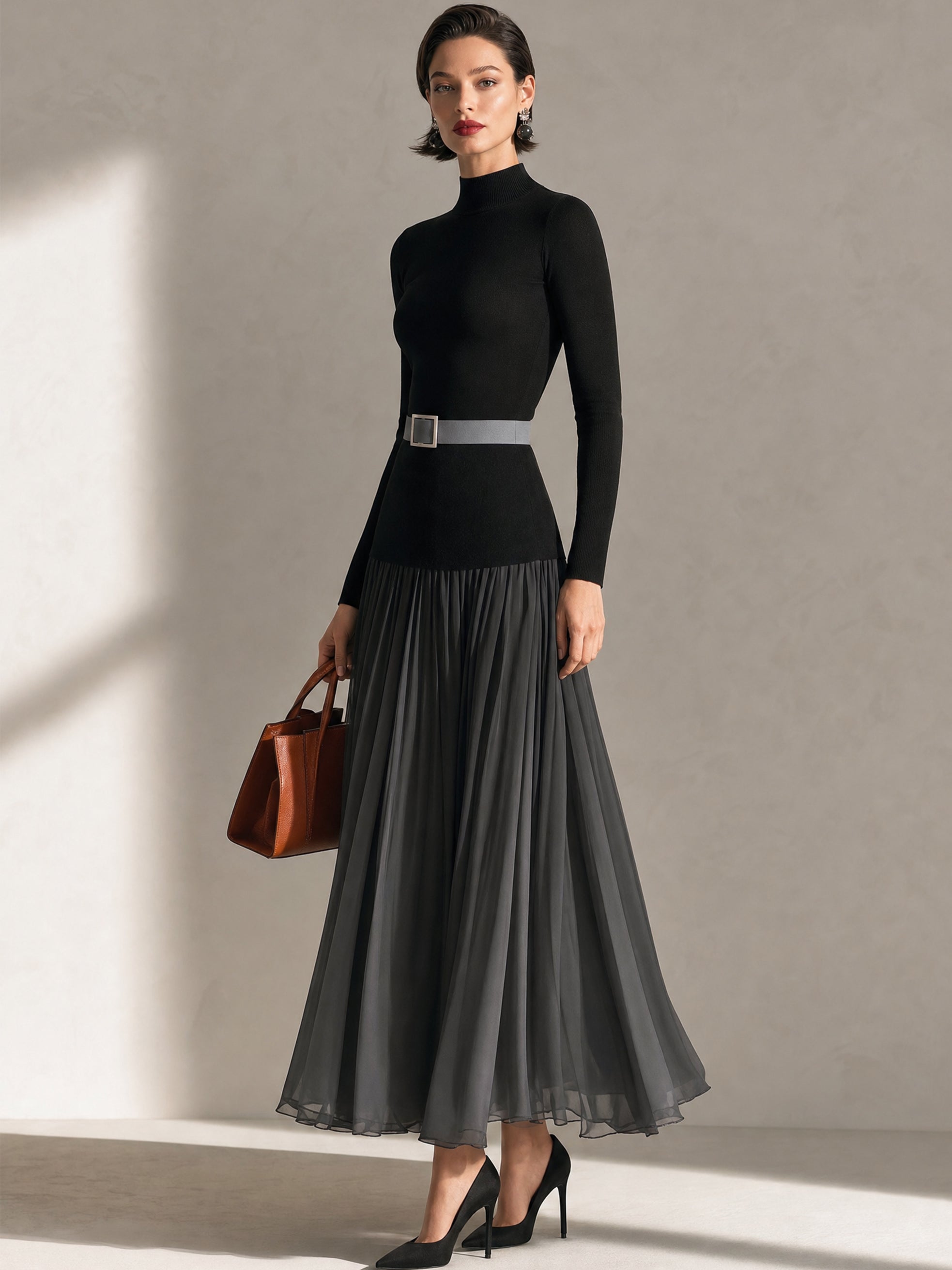Mock‑Neck Knit‑Chiffon Mixed‑Media Maxi Dress
