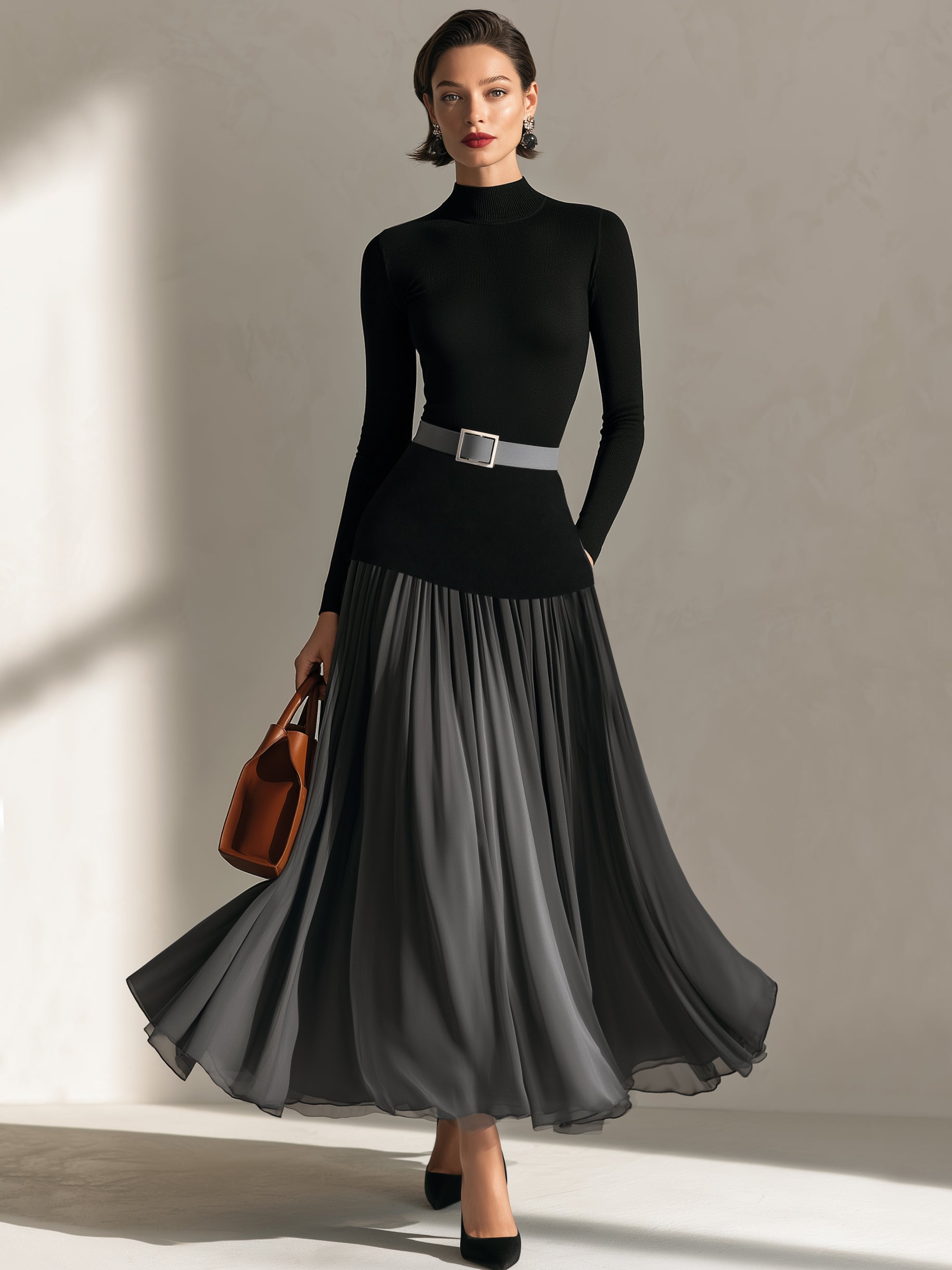 Mock‑Neck Knit‑Chiffon Mixed‑Media Maxi Dress