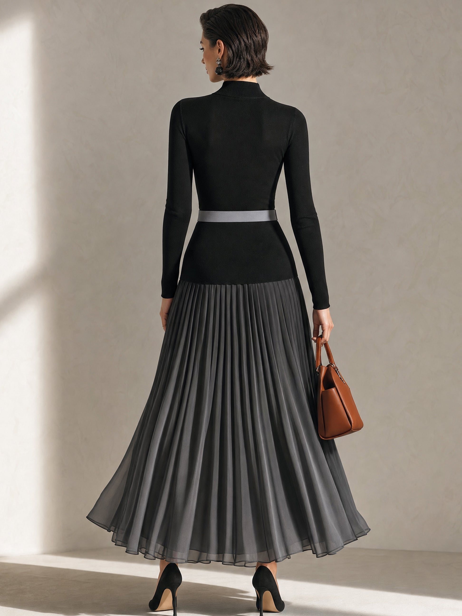 Mock‑Neck Knit‑Chiffon Mixed‑Media Maxi Dress