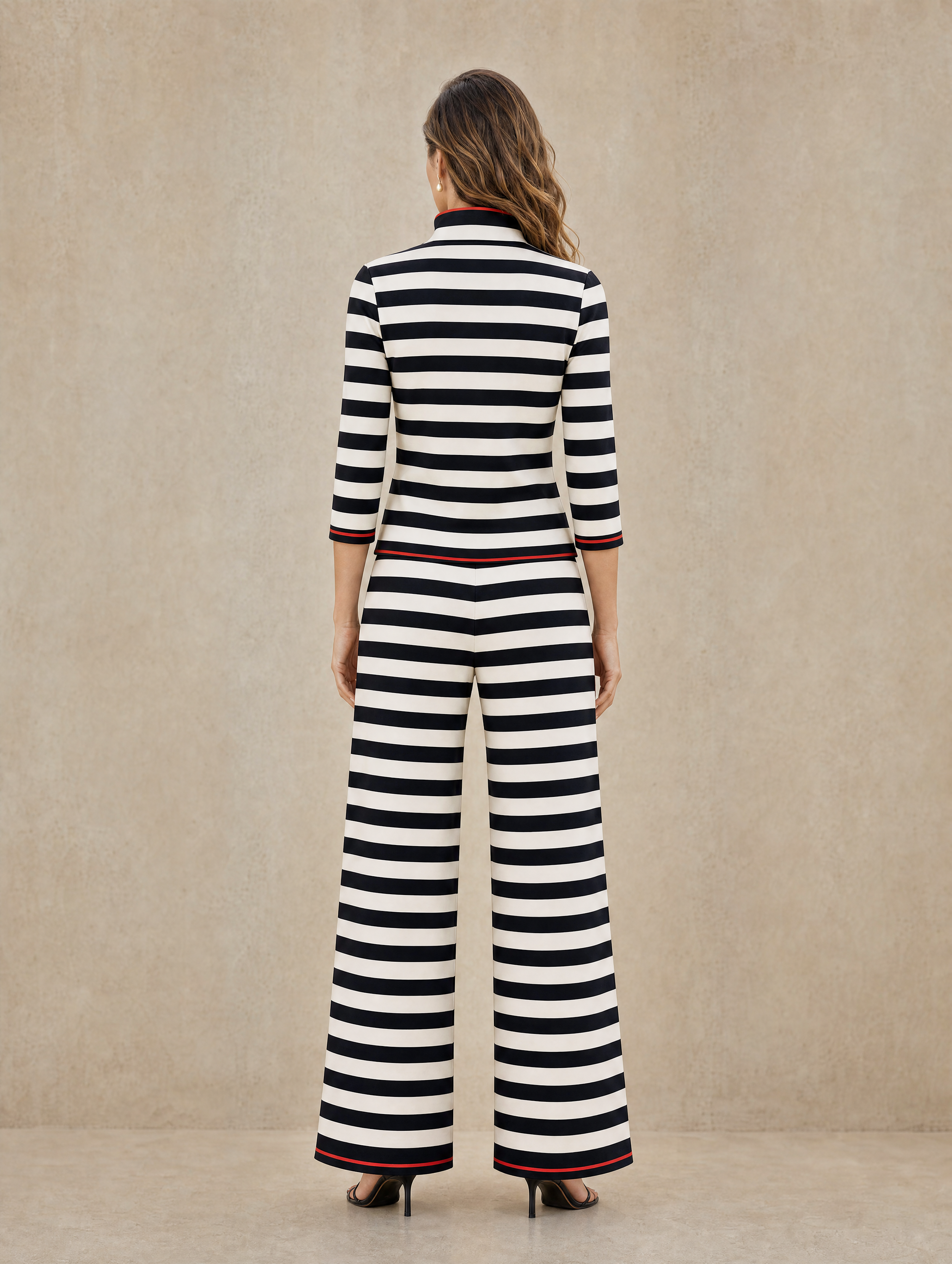 Elegant Black And White Striped Color-Block Trouser Set