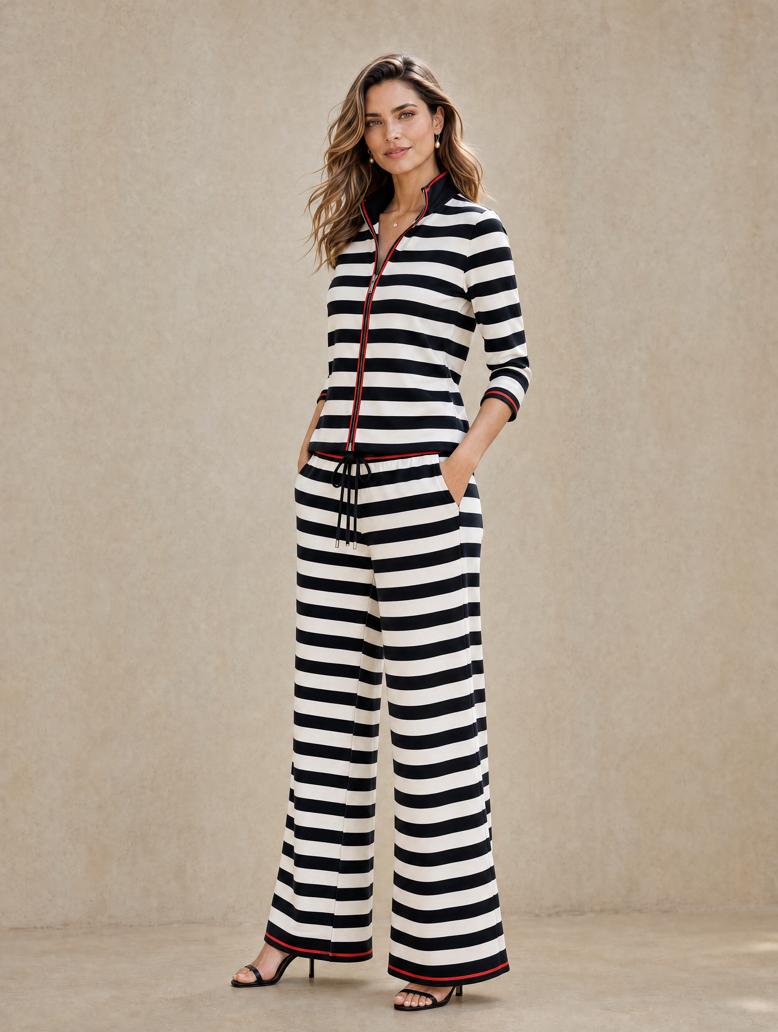 Elegant Black And White Striped Color-Block Trouser Set