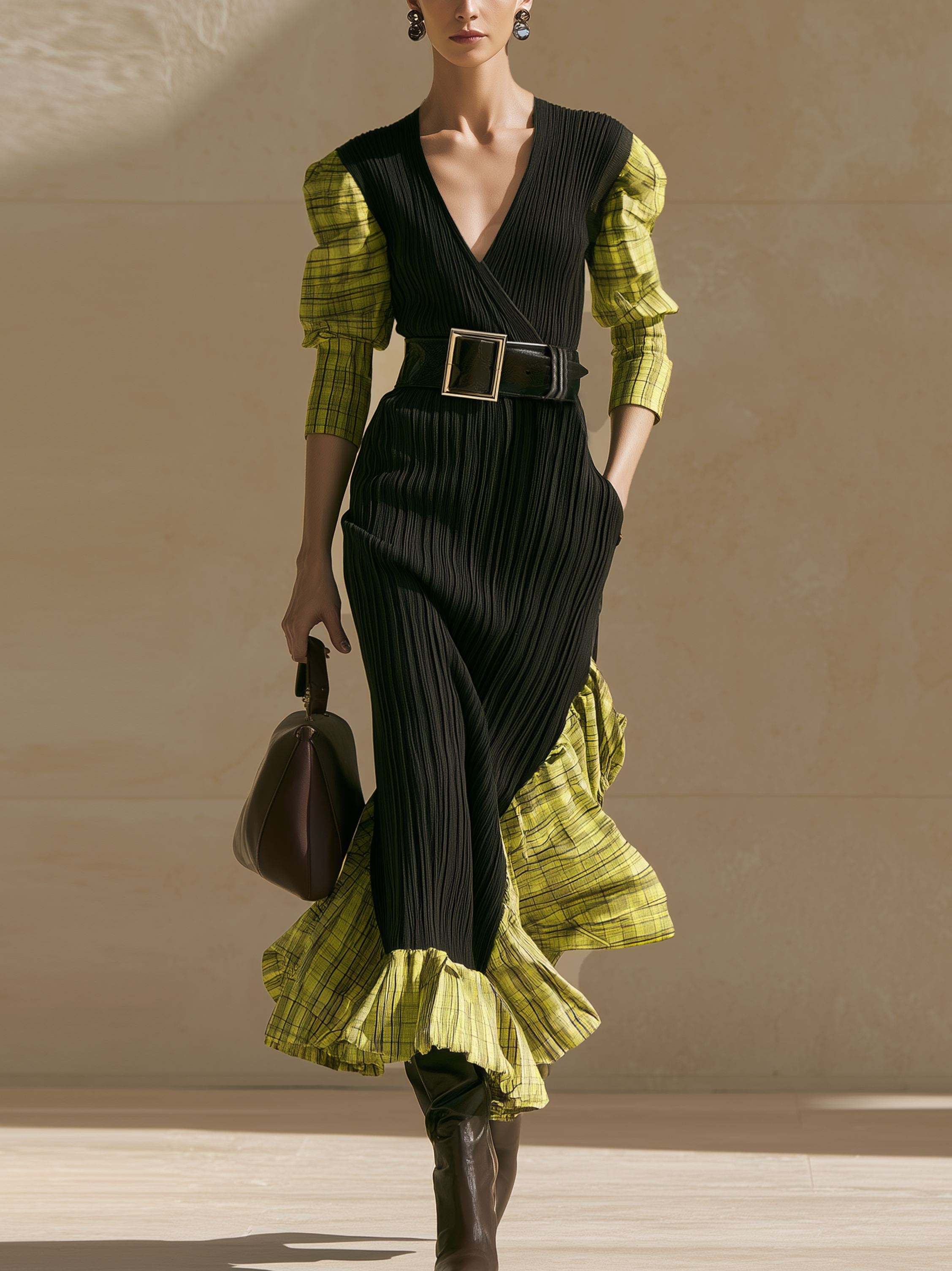 Black Rib Plaid Spliced Square‑Buckle Belt Fitted Dress