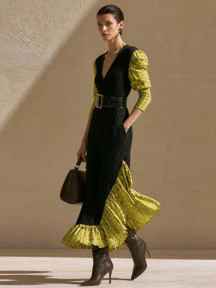 Black Rib Plaid Spliced Square‑Buckle Belt Fitted Dress