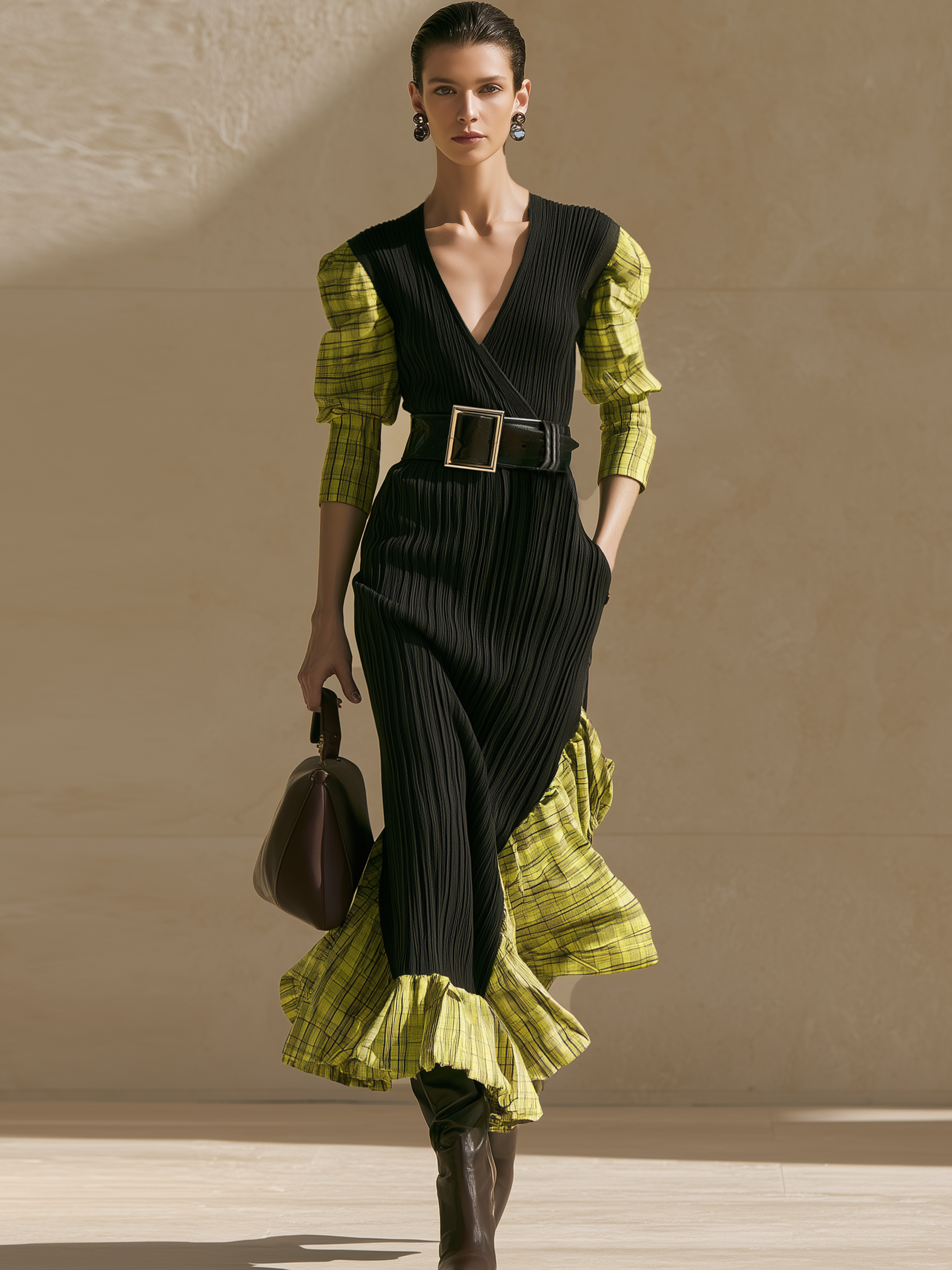 Black Rib Plaid Spliced Square‑Buckle Belt Fitted Dress