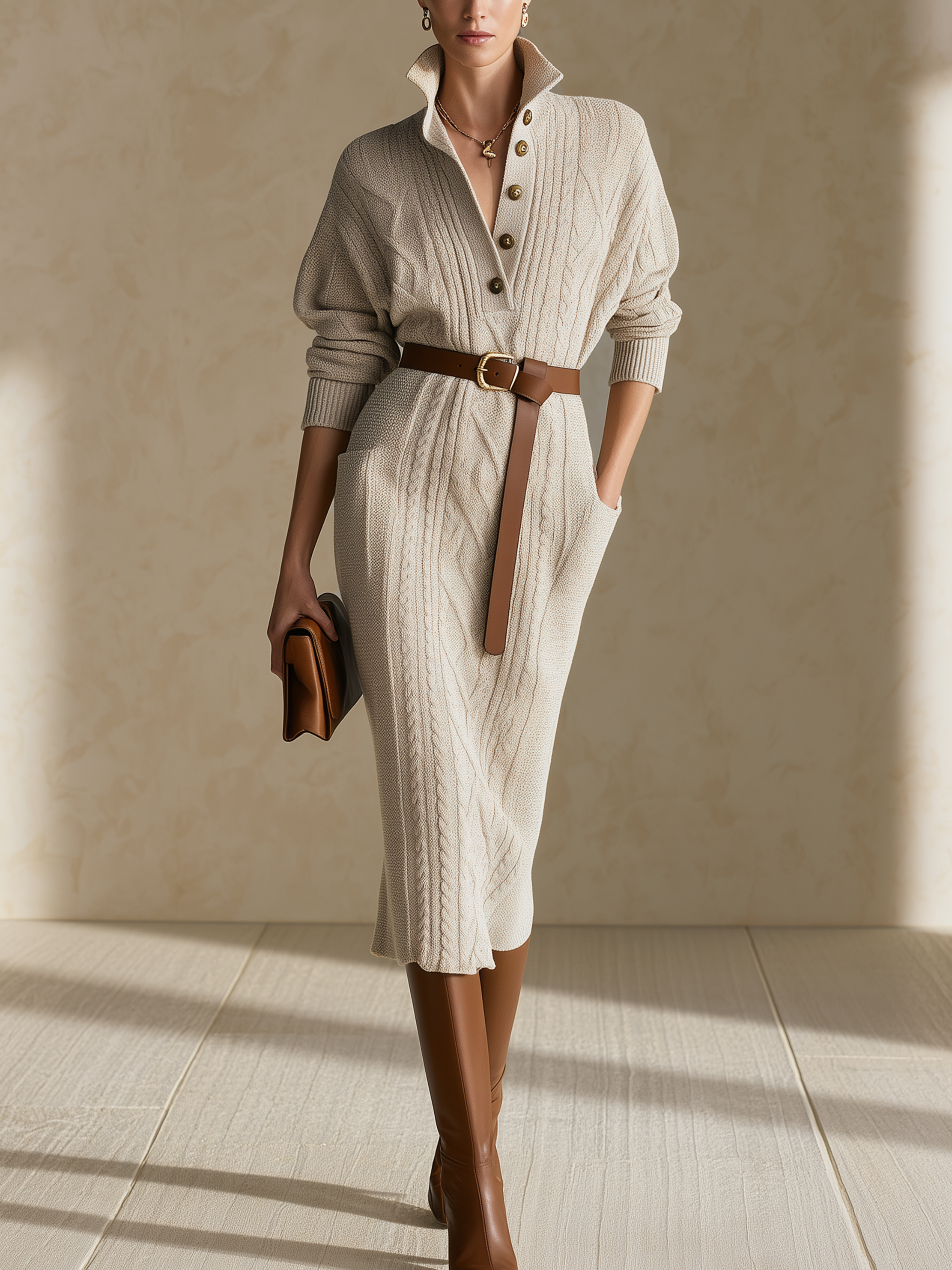 Oatmeal Half‑Placket Belted Cable‑Knit Midi Dress