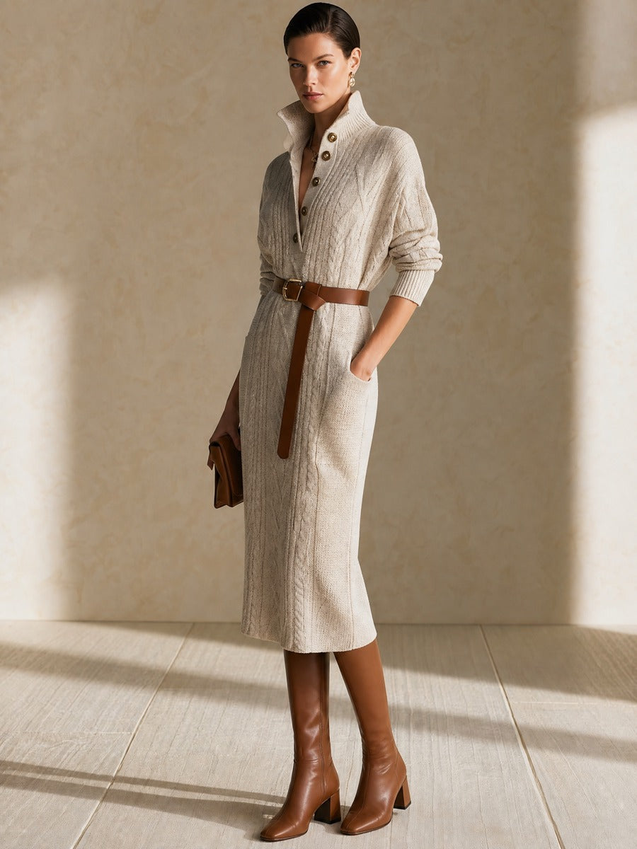 Oatmeal Half‑Placket Belted Cable‑Knit Midi Dress