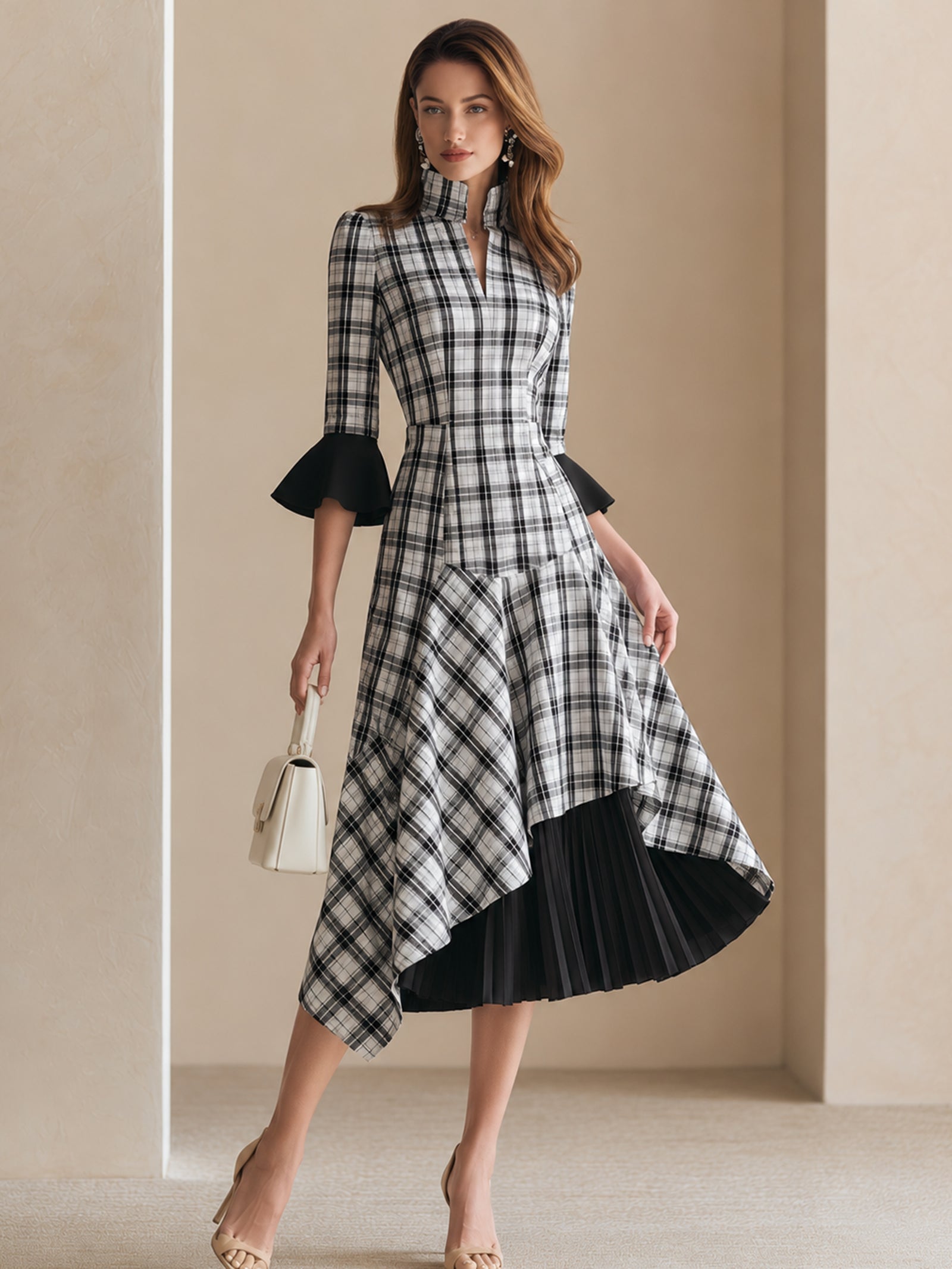 Elegant Black And White Houndstooth And Chiffon Panel Dress