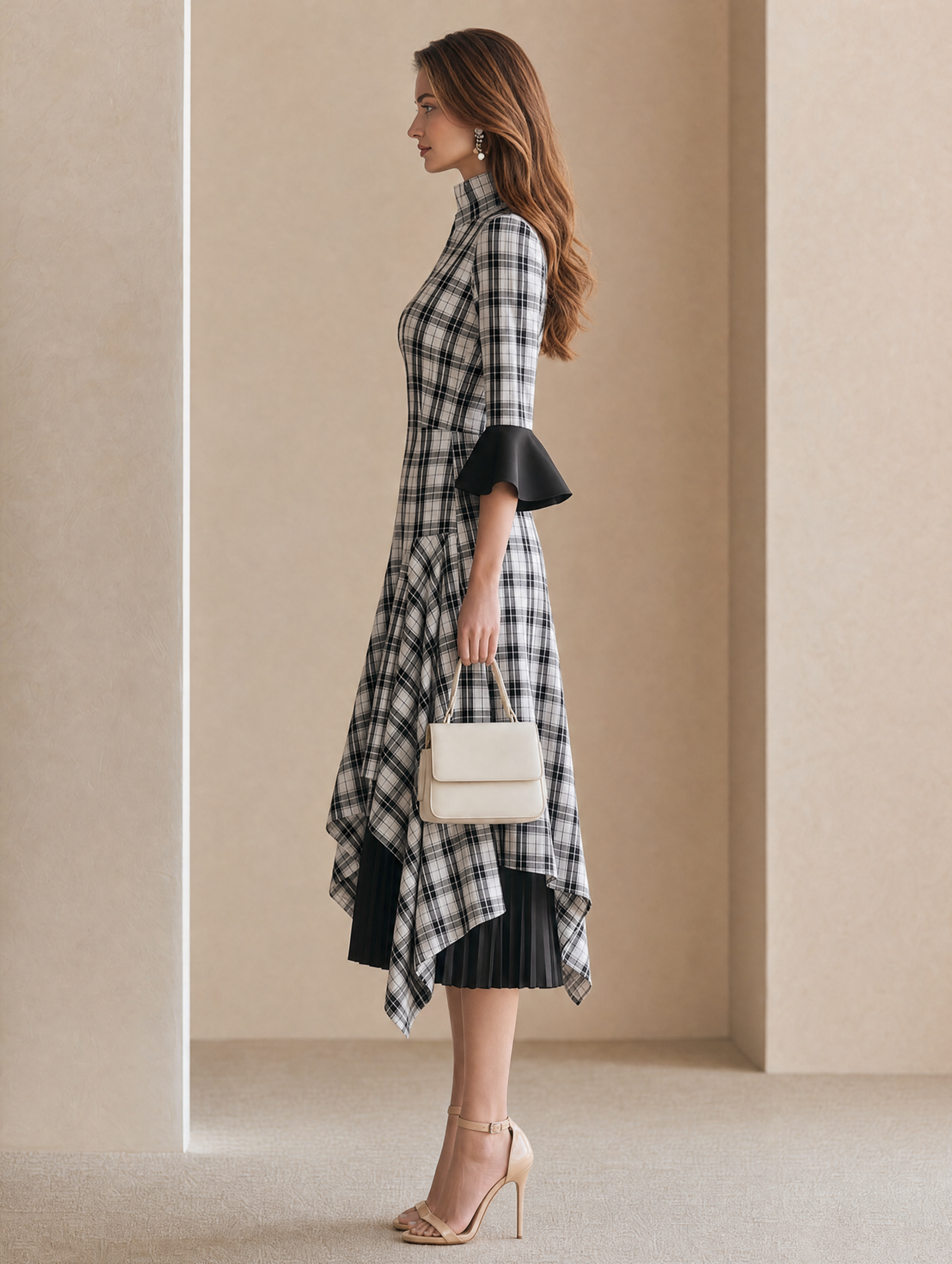 Elegant Black And White Houndstooth And Chiffon Panel Dress