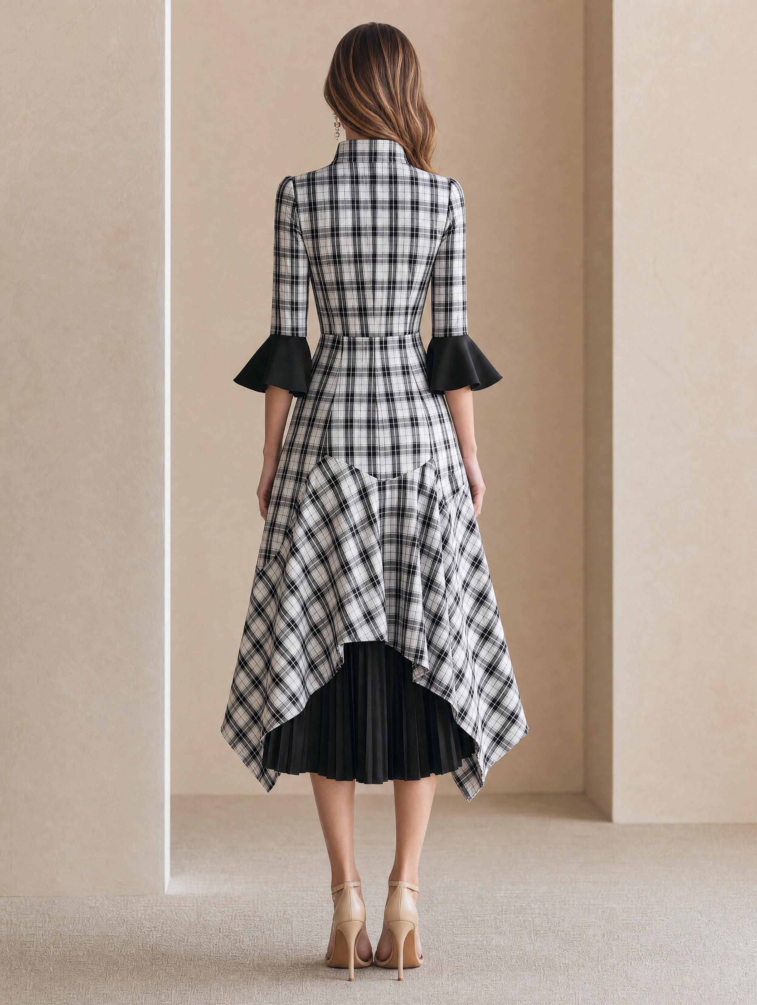 Elegant Black And White Houndstooth And Chiffon Panel Dress