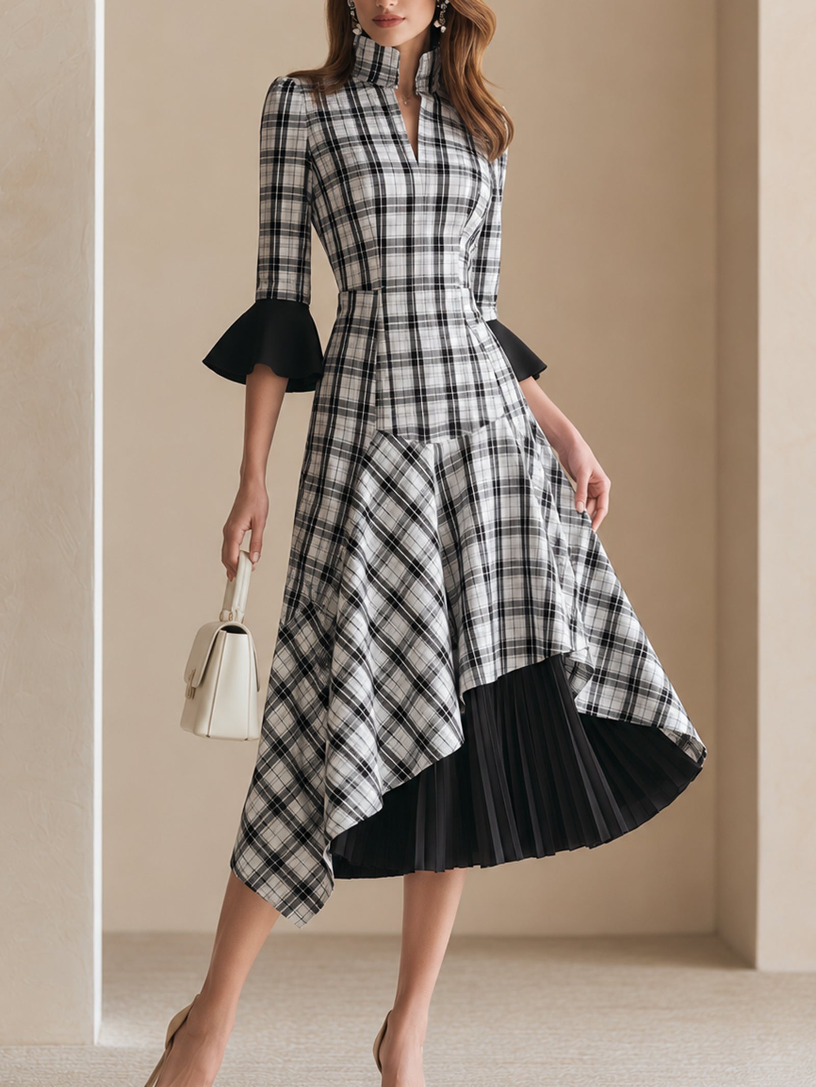 Elegant Black And White Houndstooth And Chiffon Panel Dress