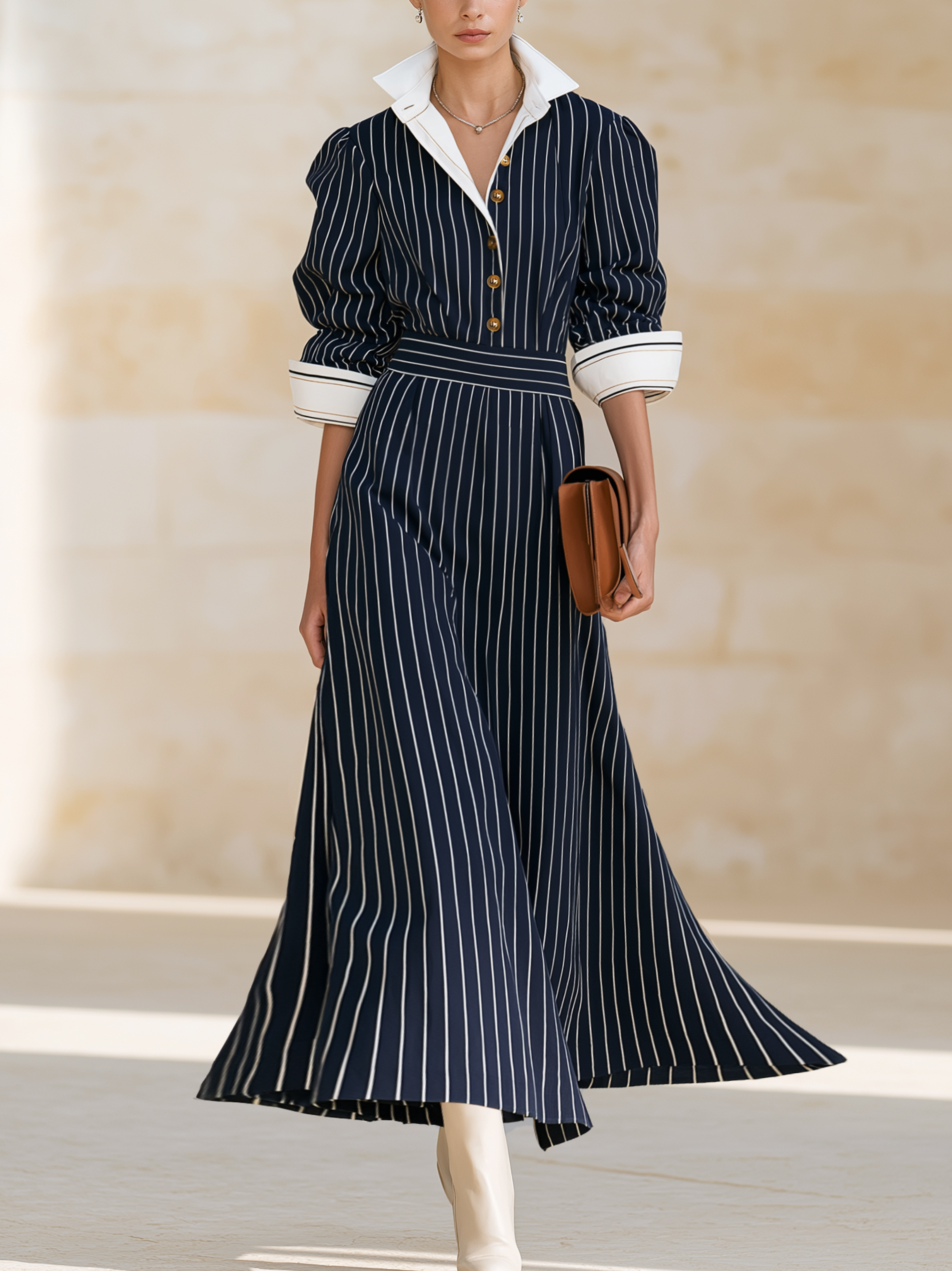Navy‑White Stripe Collared Shirt‑Style Maxi Dress
