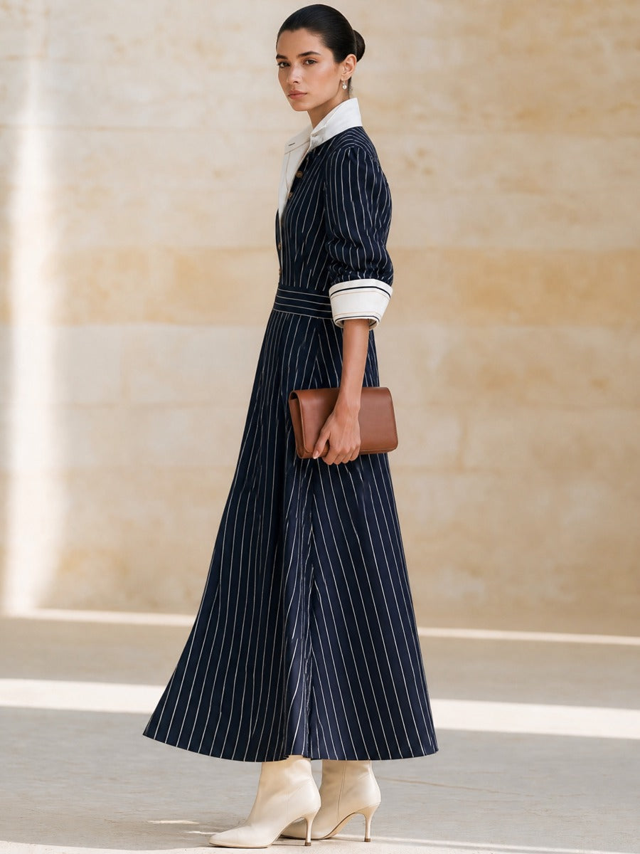 Navy‑White Stripe Collared Shirt‑Style Maxi Dress