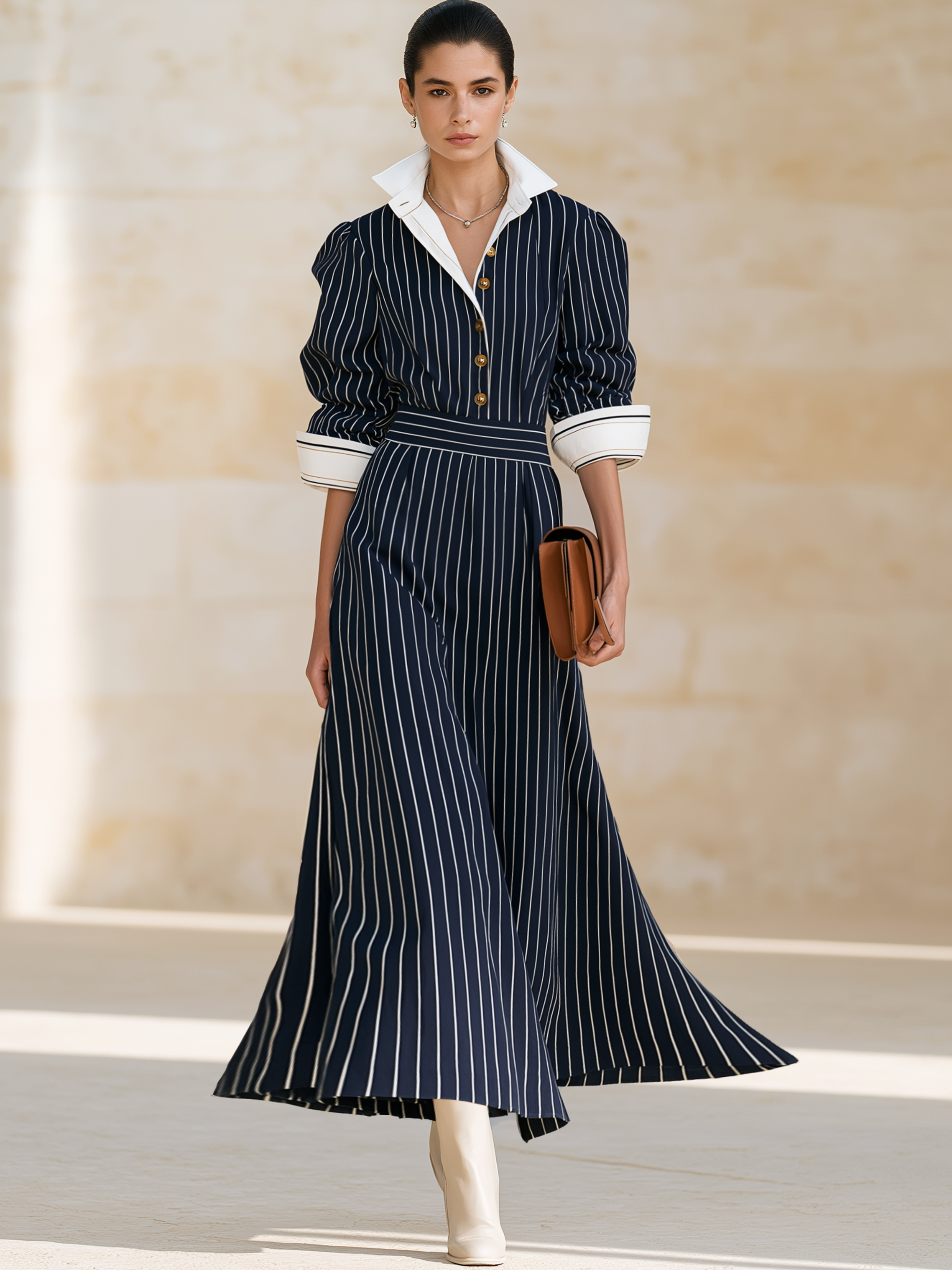 Navy‑White Stripe Collared Shirt‑Style Maxi Dress