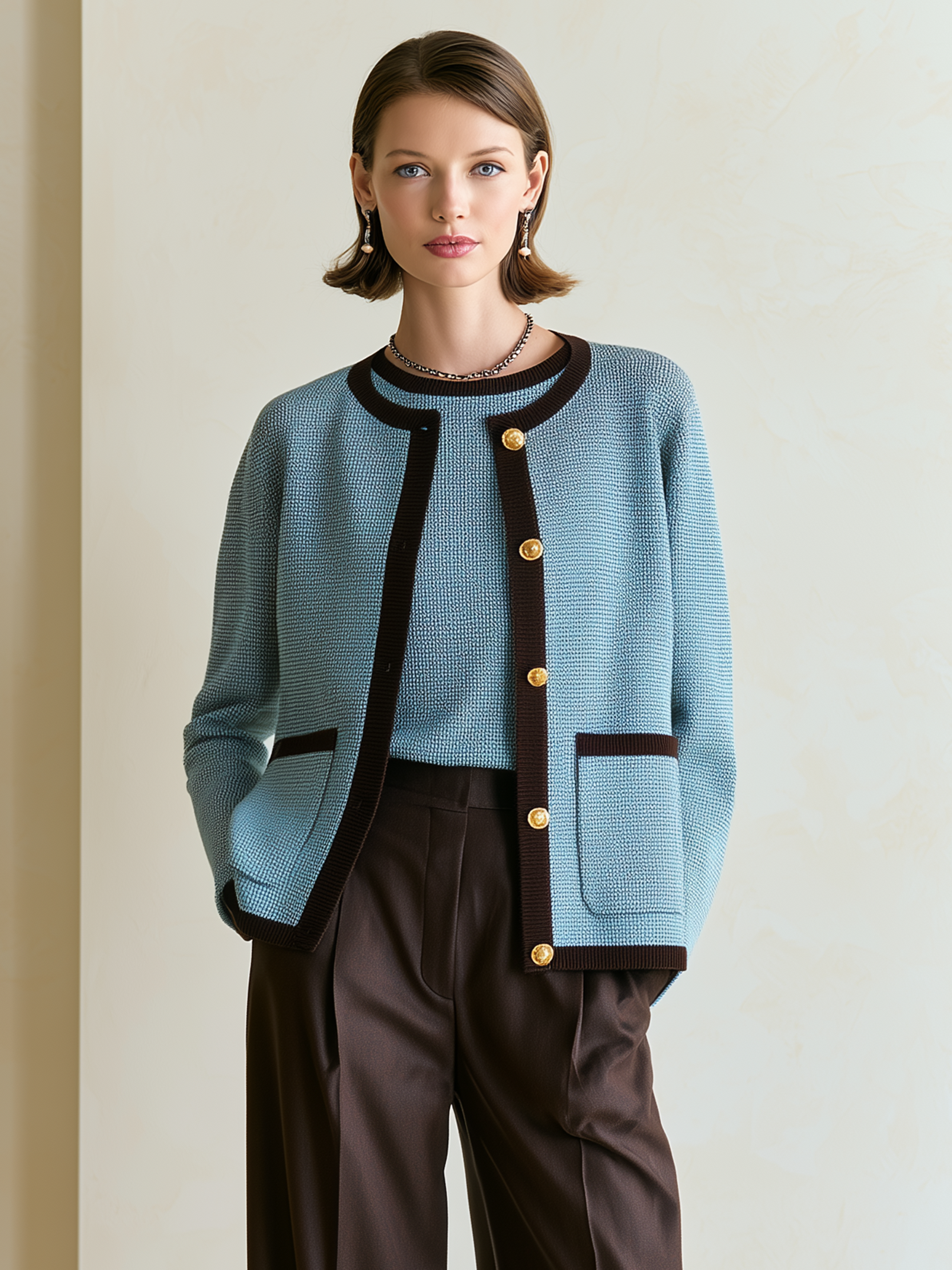 Elegant Blue & Black Trim Textured Knit Cardigan