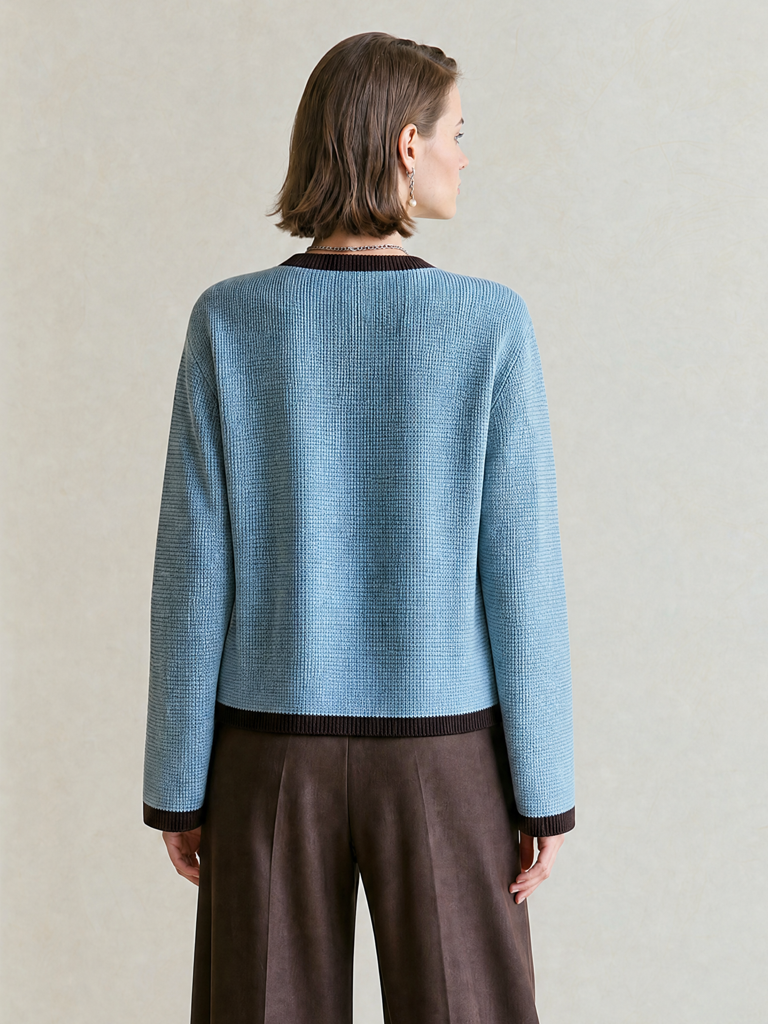 Elegant Blue & Black Trim Textured Knit Cardigan