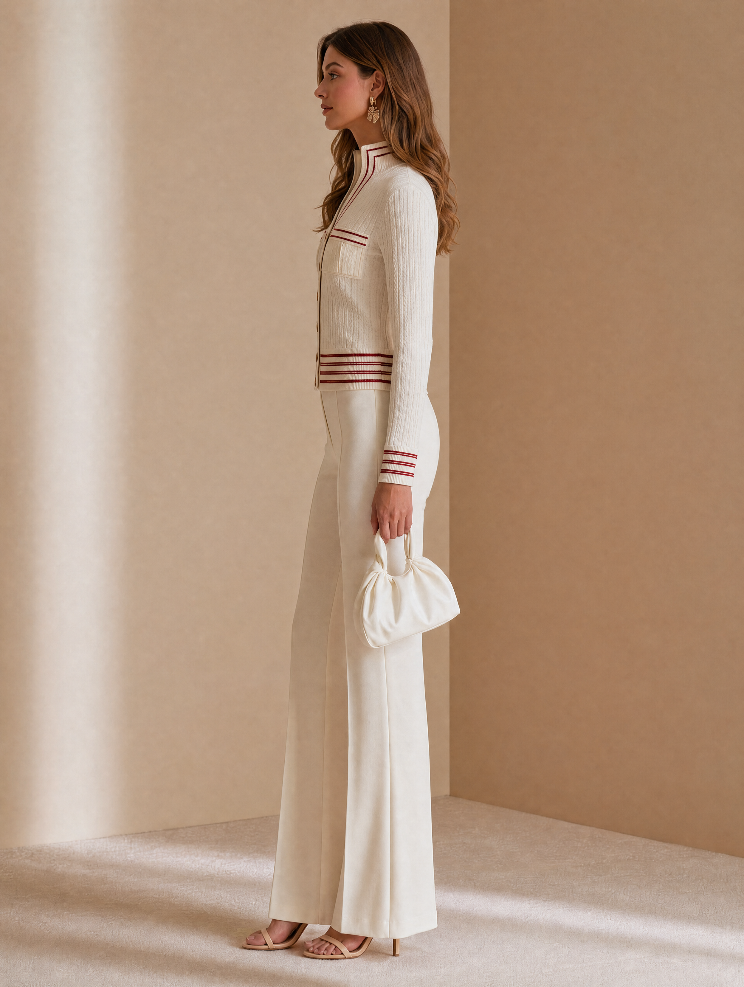 Off-white Knit Cardigan With Red Stripes