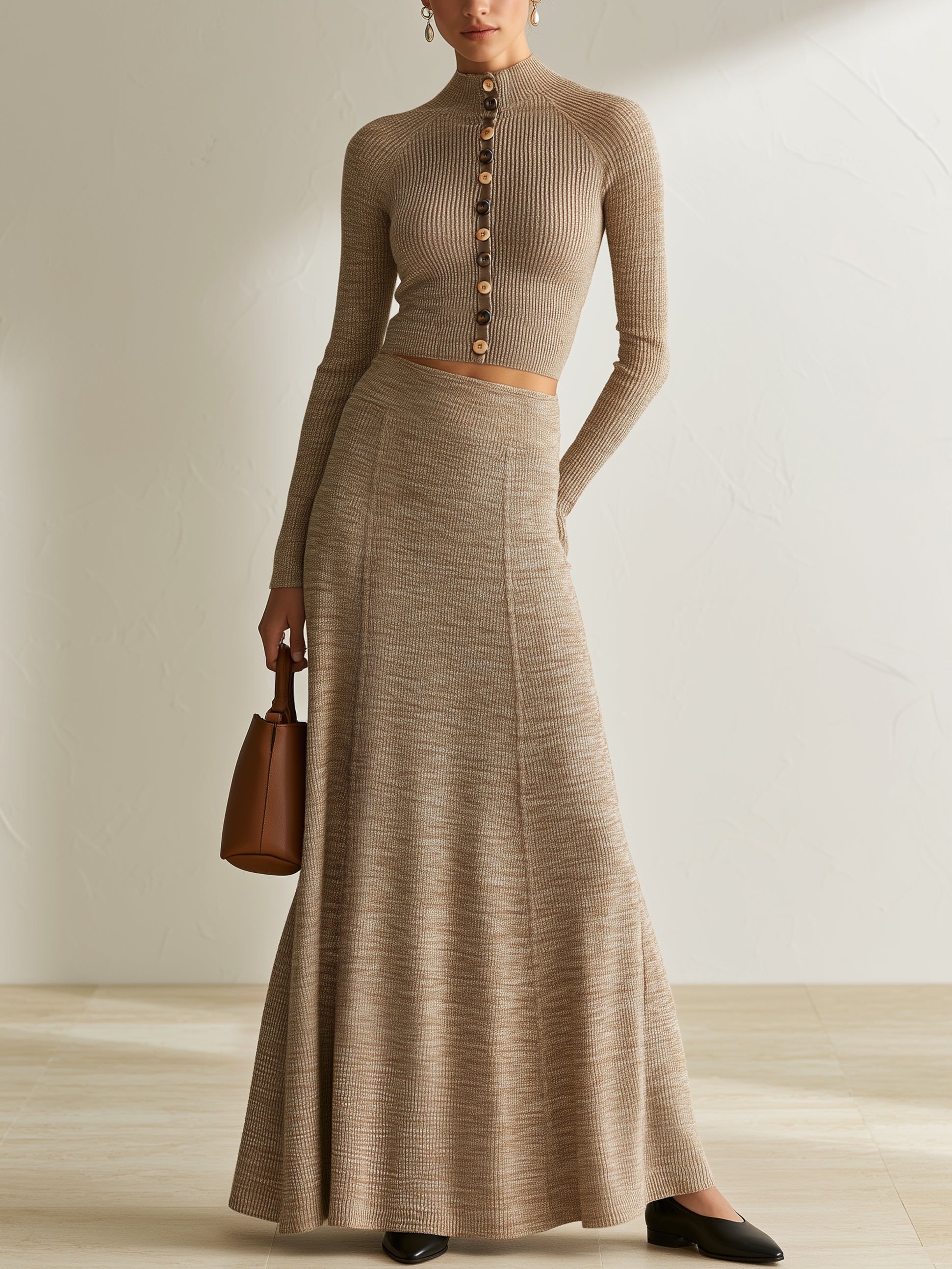 Mock‑Neck Knit Cardigan & Flared Godet Maxi Skirt Set