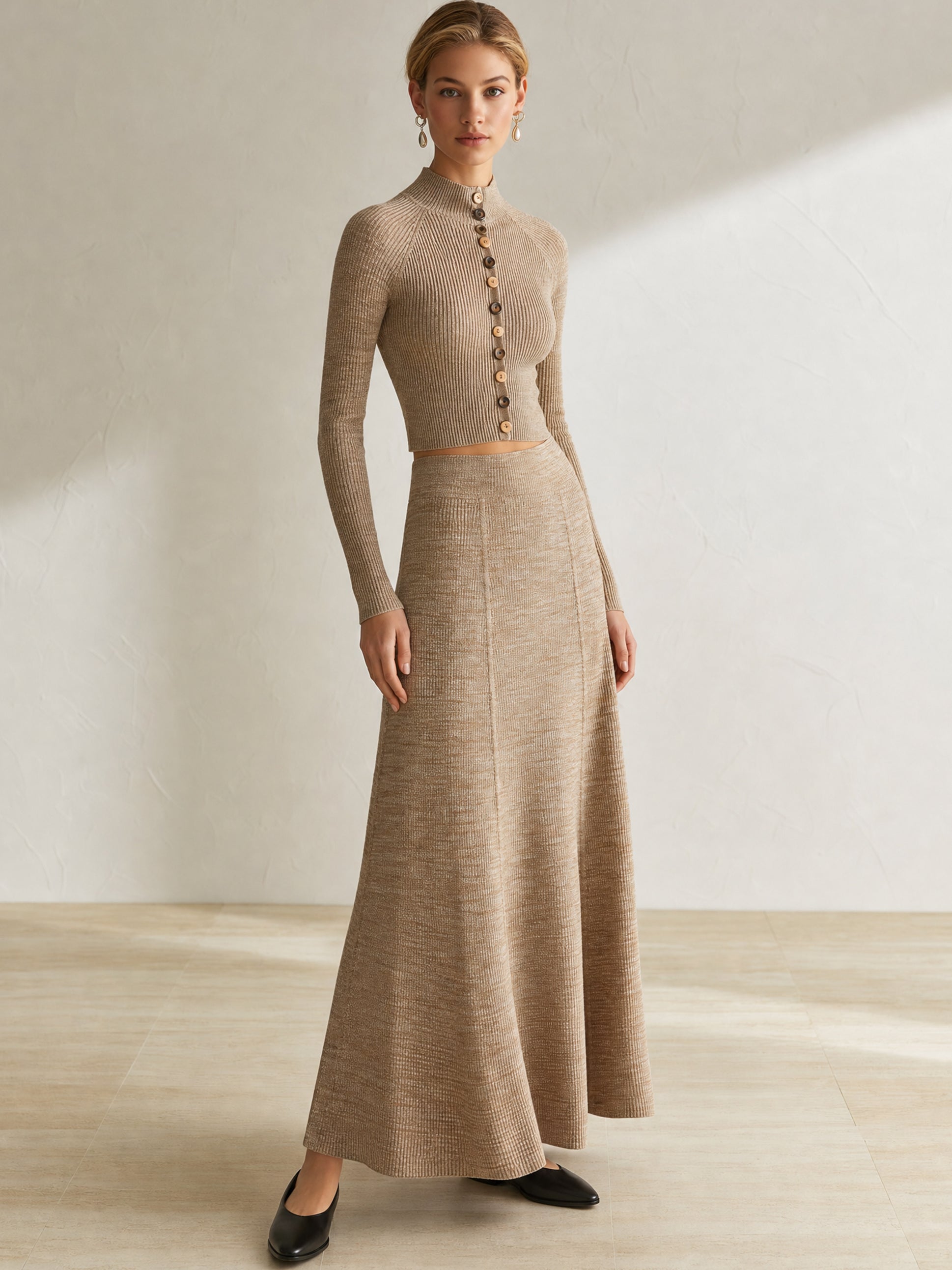 Mock‑Neck Knit Cardigan & Flared Godet Maxi Skirt Set