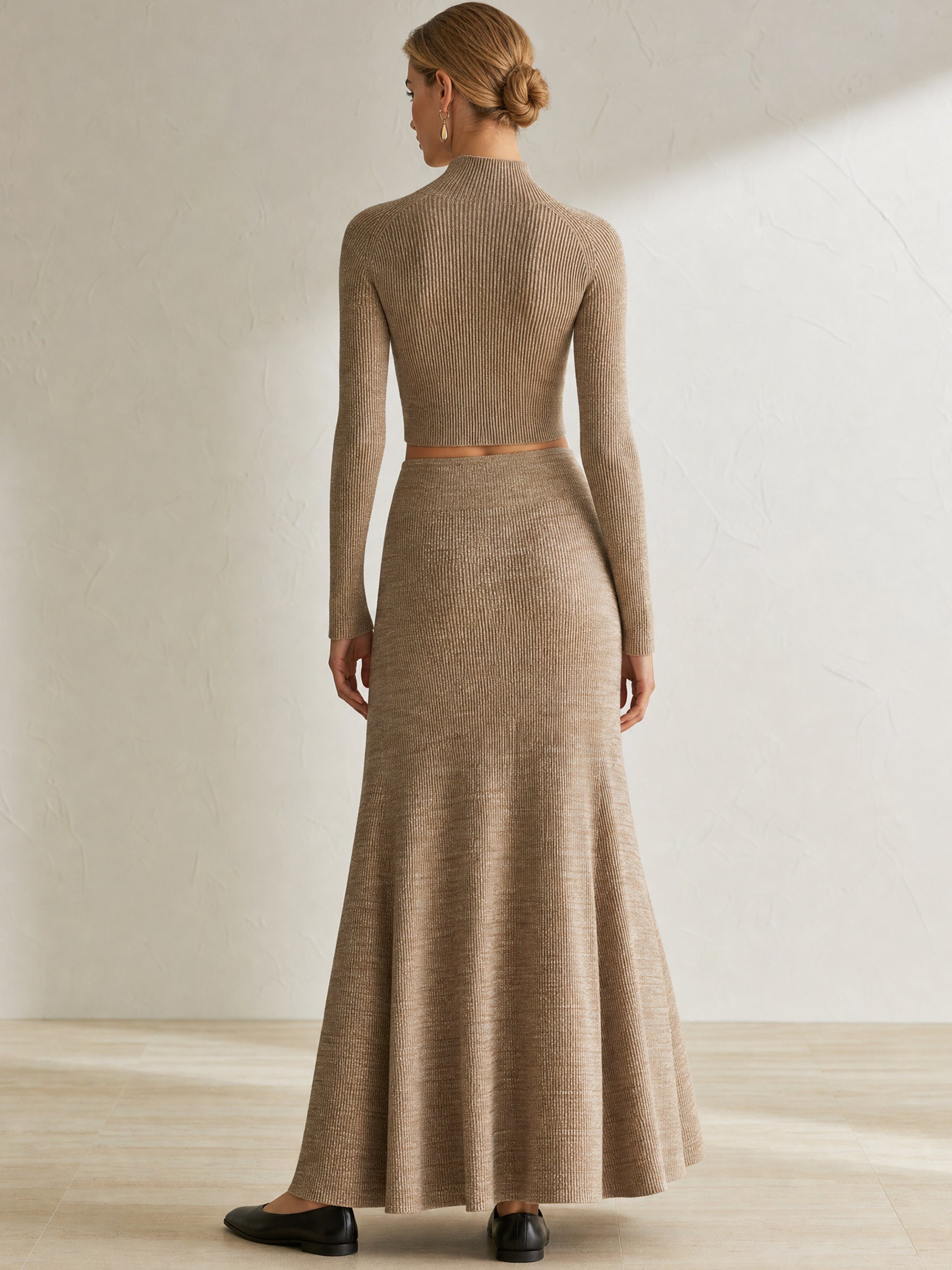 Mock‑Neck Knit Cardigan & Flared Godet Maxi Skirt Set