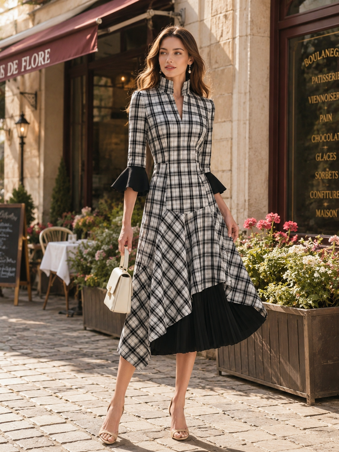 Elegant Black And White Houndstooth And Chiffon Panel Dress
