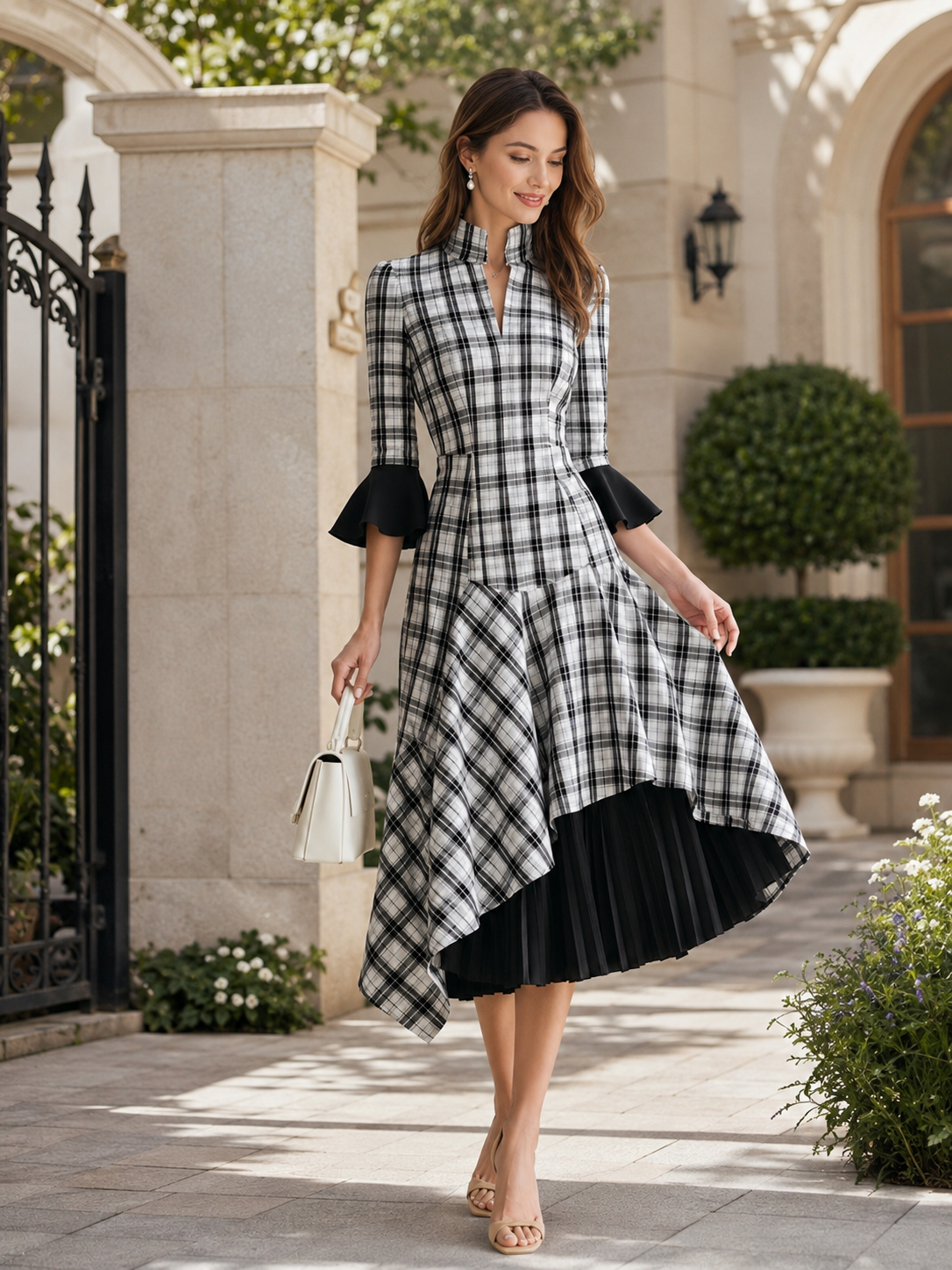 Elegant Black And White Houndstooth And Chiffon Panel Dress