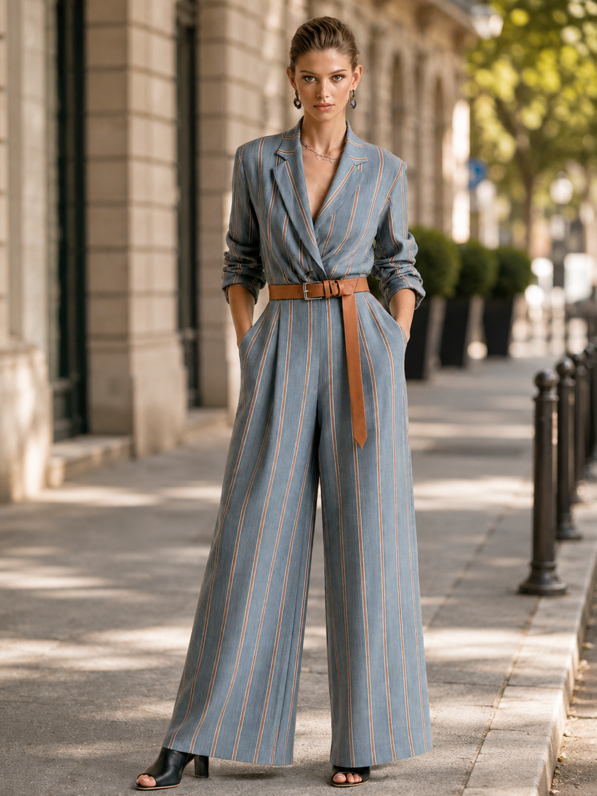 Elegant Misty Blue & Brown Contrast Striped Wide-Leg Jumpsuit