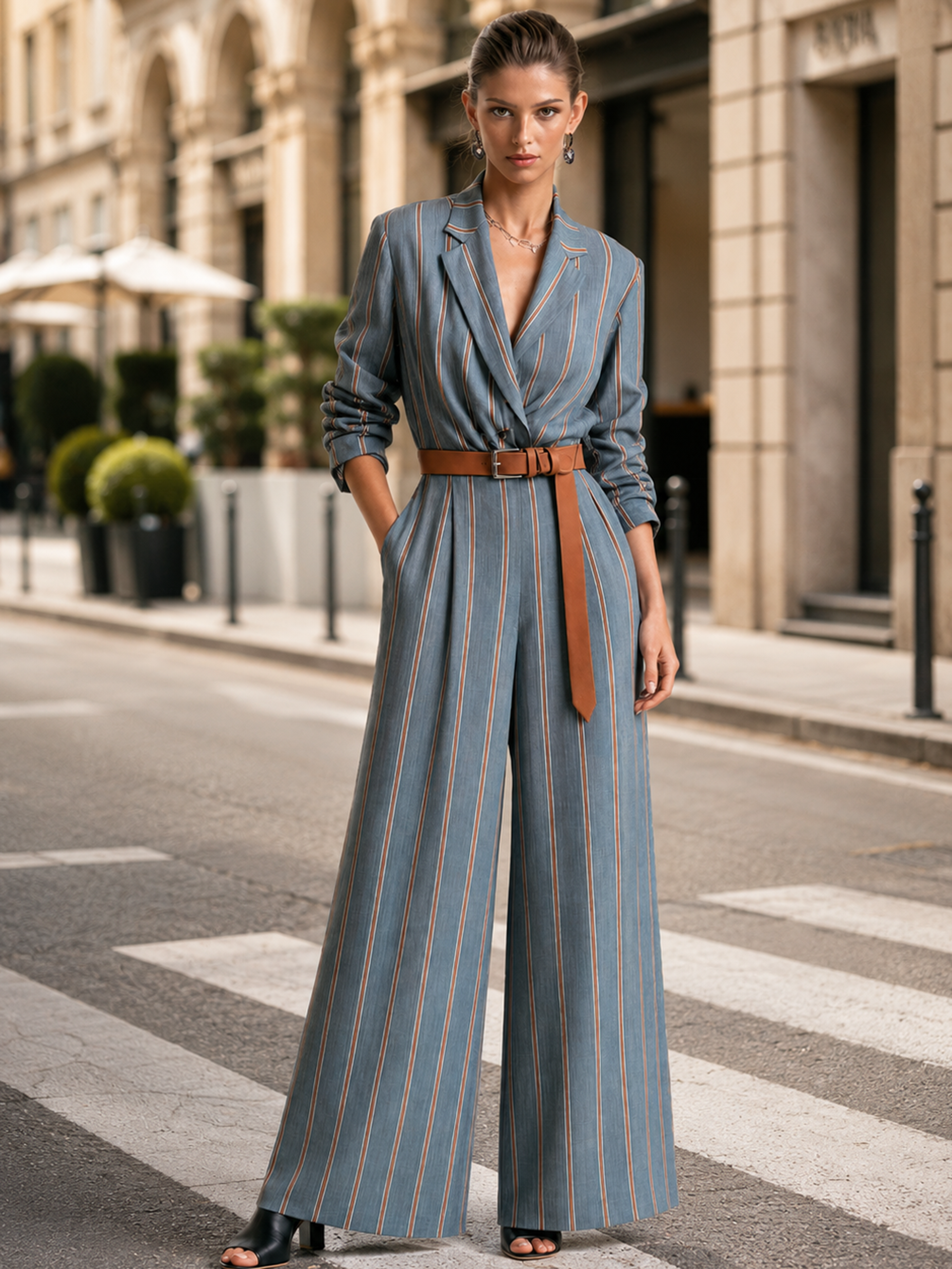 Elegant Misty Blue & Brown Contrast Striped Wide-Leg Jumpsuit