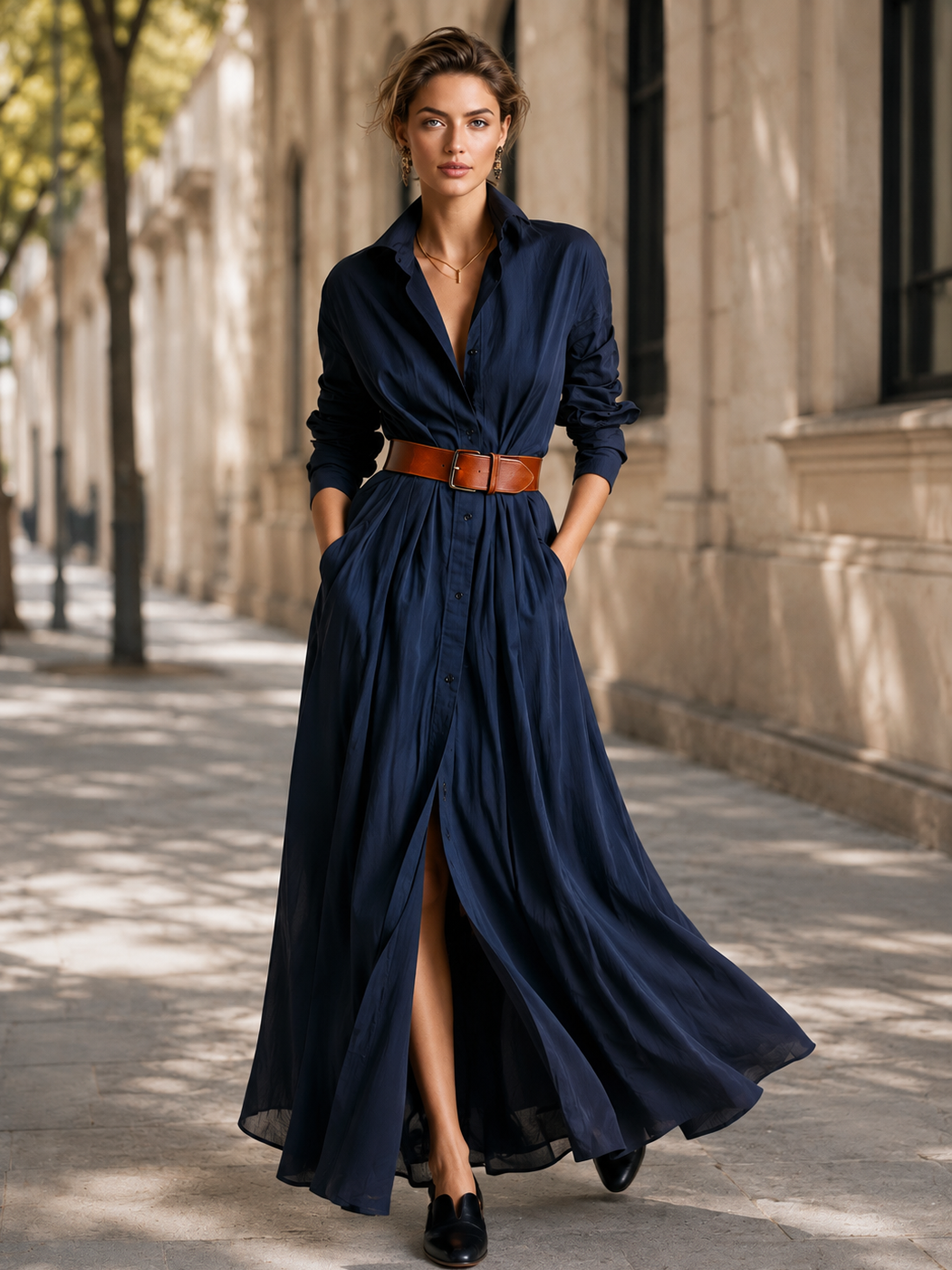 Elegant Navy Shirt Maxi Dress With Brown Belt