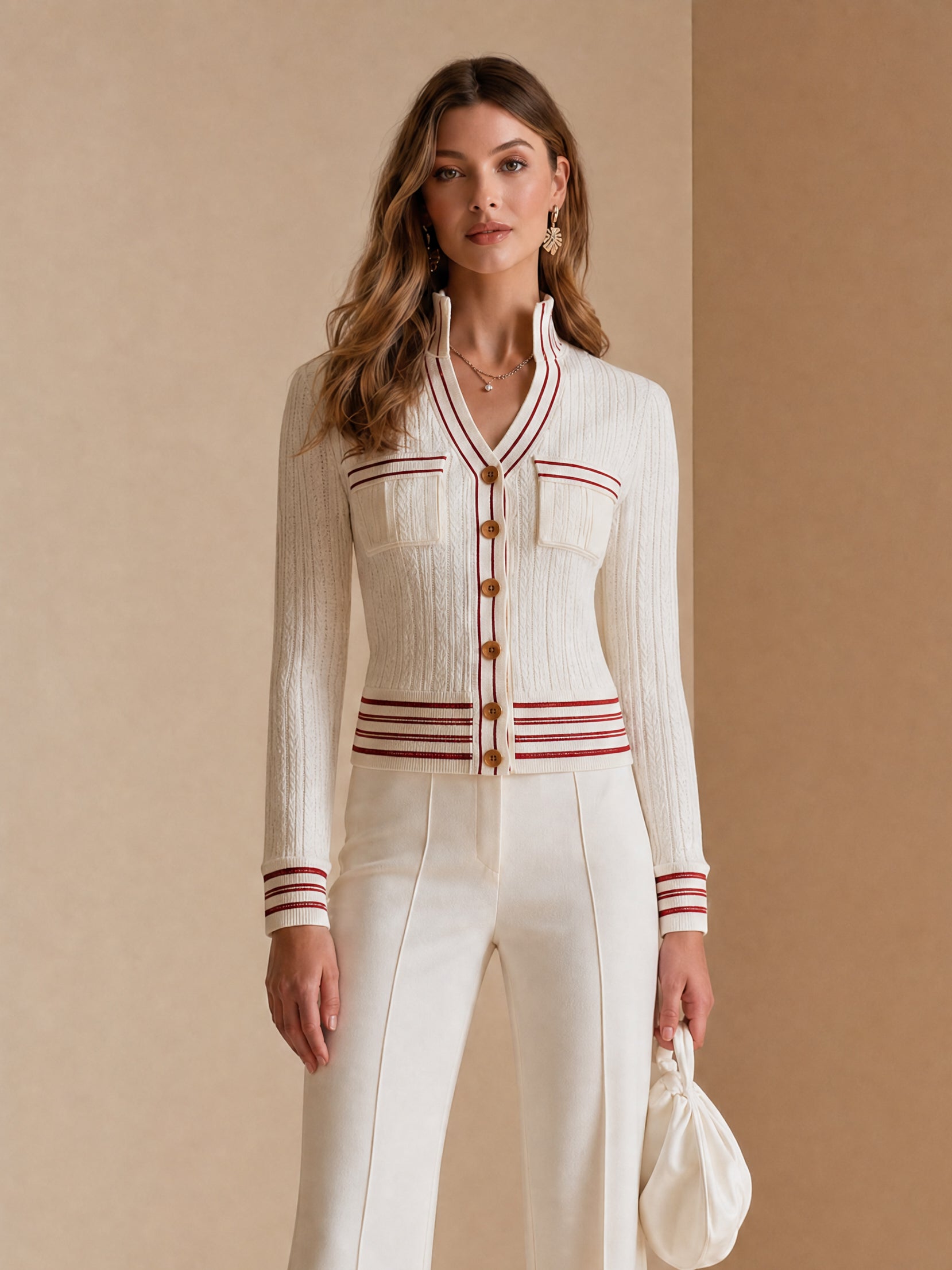 Off-white Knit Cardigan With Red Stripes