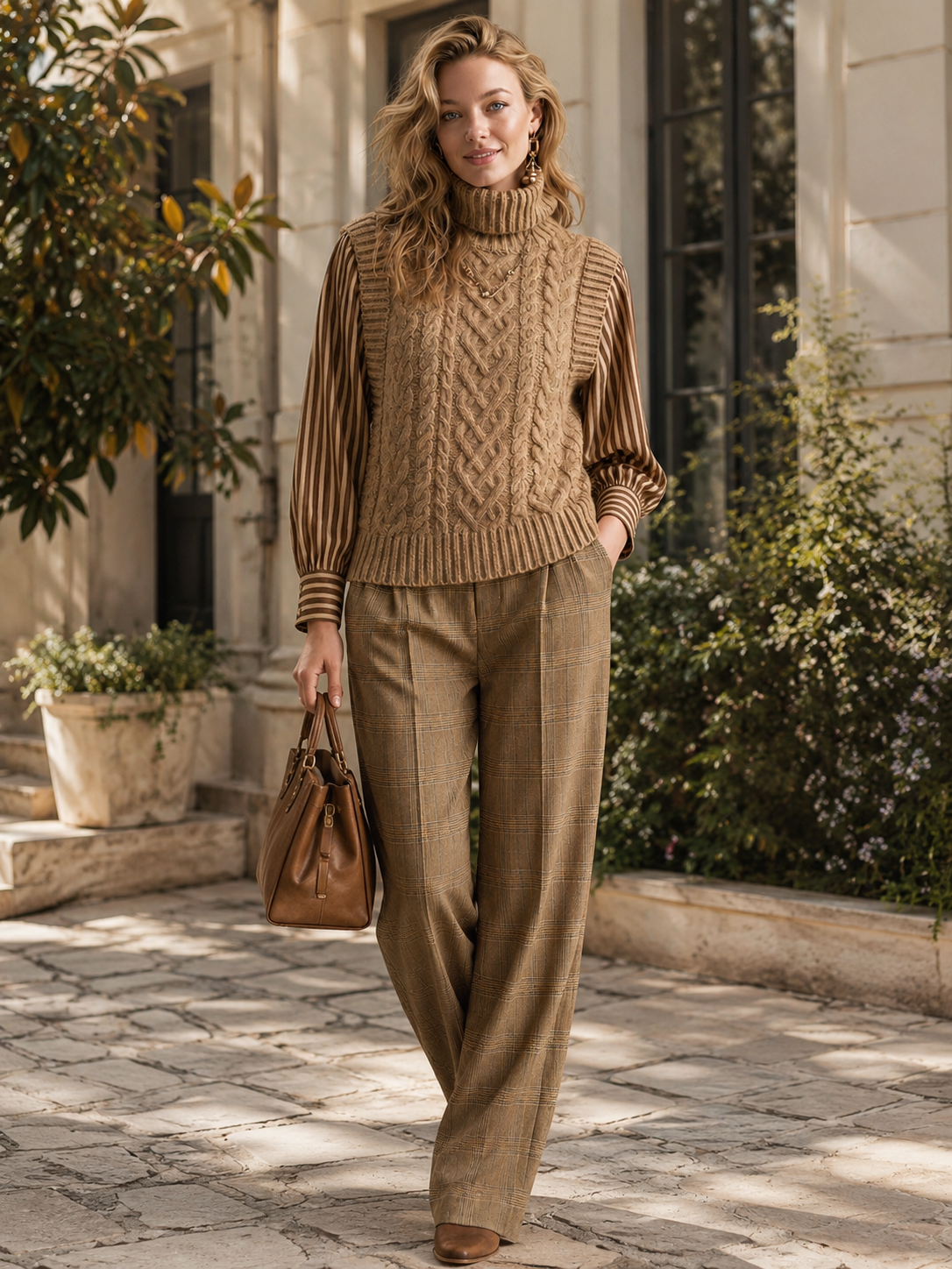 Brown Knit Vest With Spliced shirt Sleeves