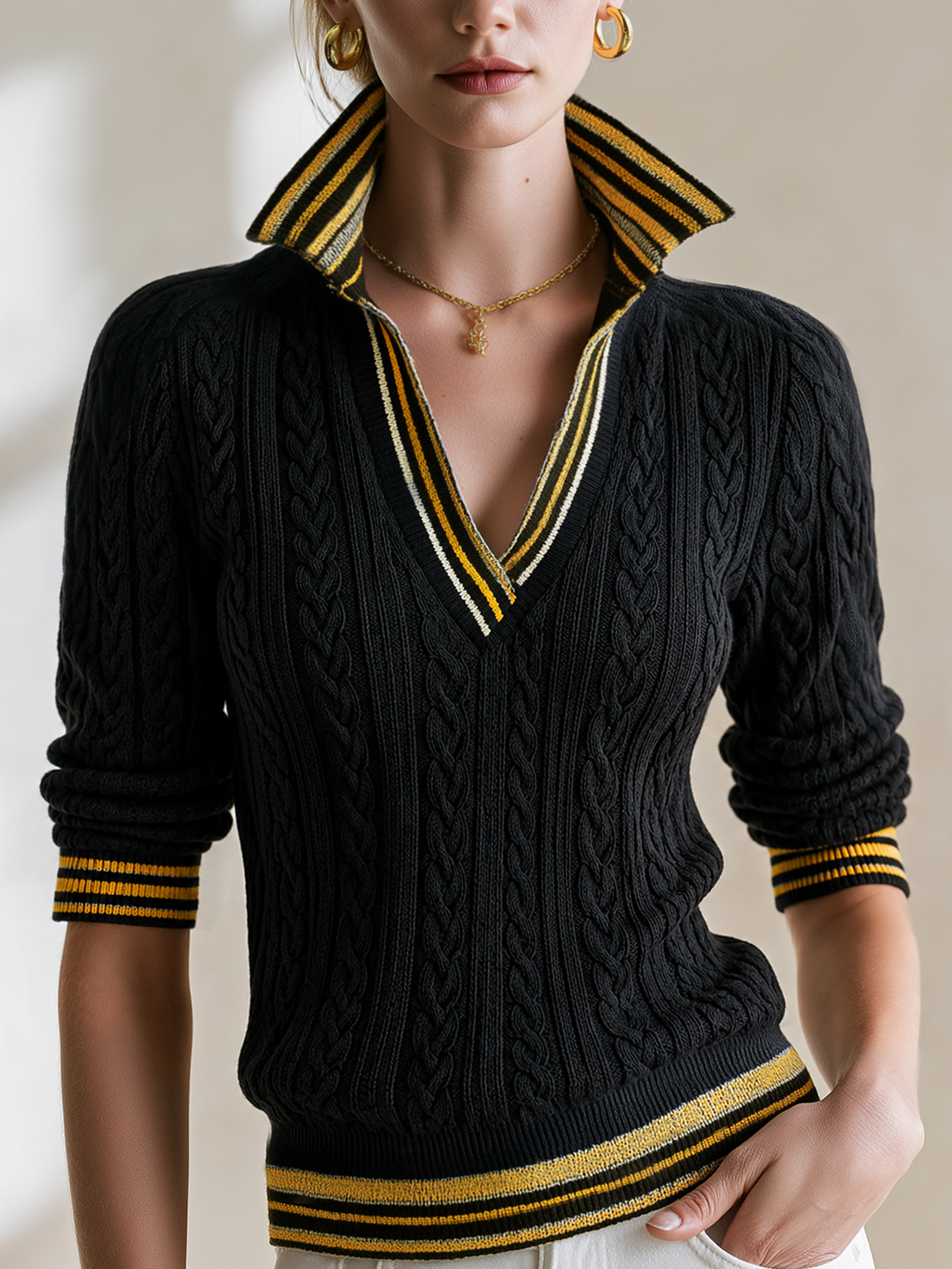 Contrast‑Stripe Trim V‑Neck Cable‑Knit Pullover