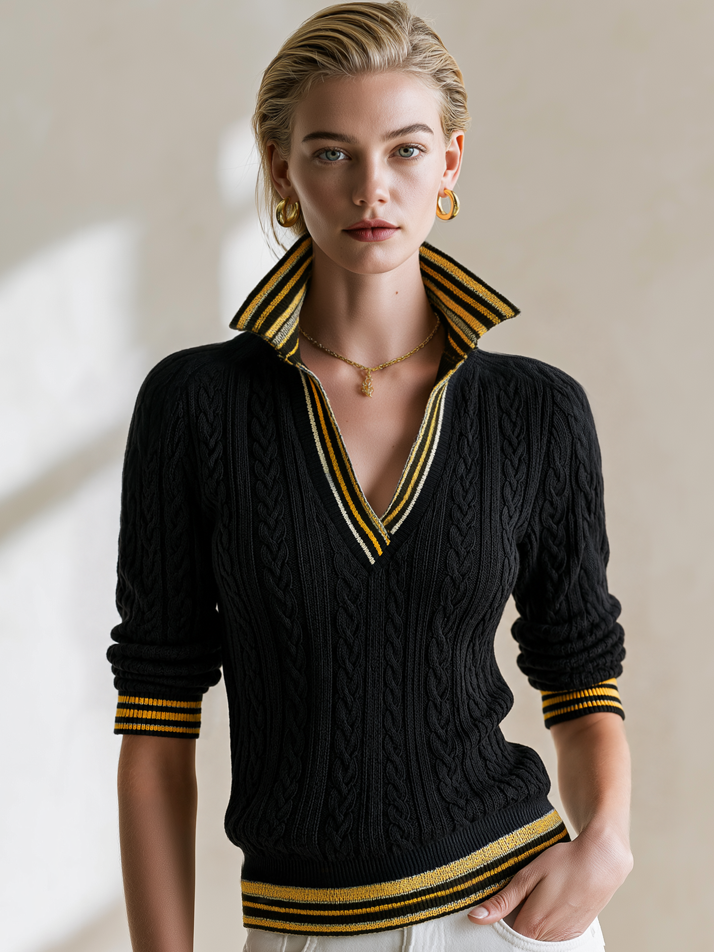 Contrast‑Stripe Trim V‑Neck Cable‑Knit Pullover