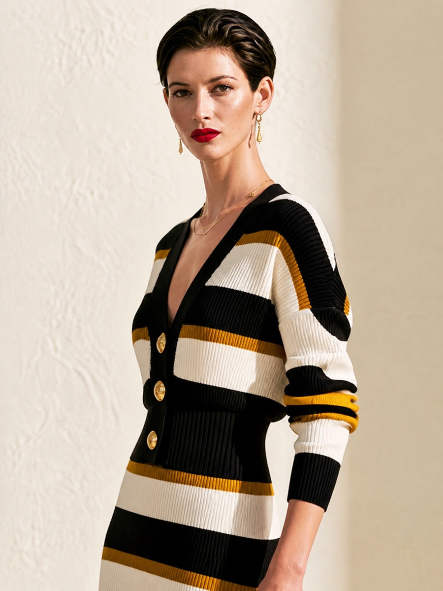 Black‑Mustard‑White Striped V‑Neck Waisted Cropped Knit Cardigan
