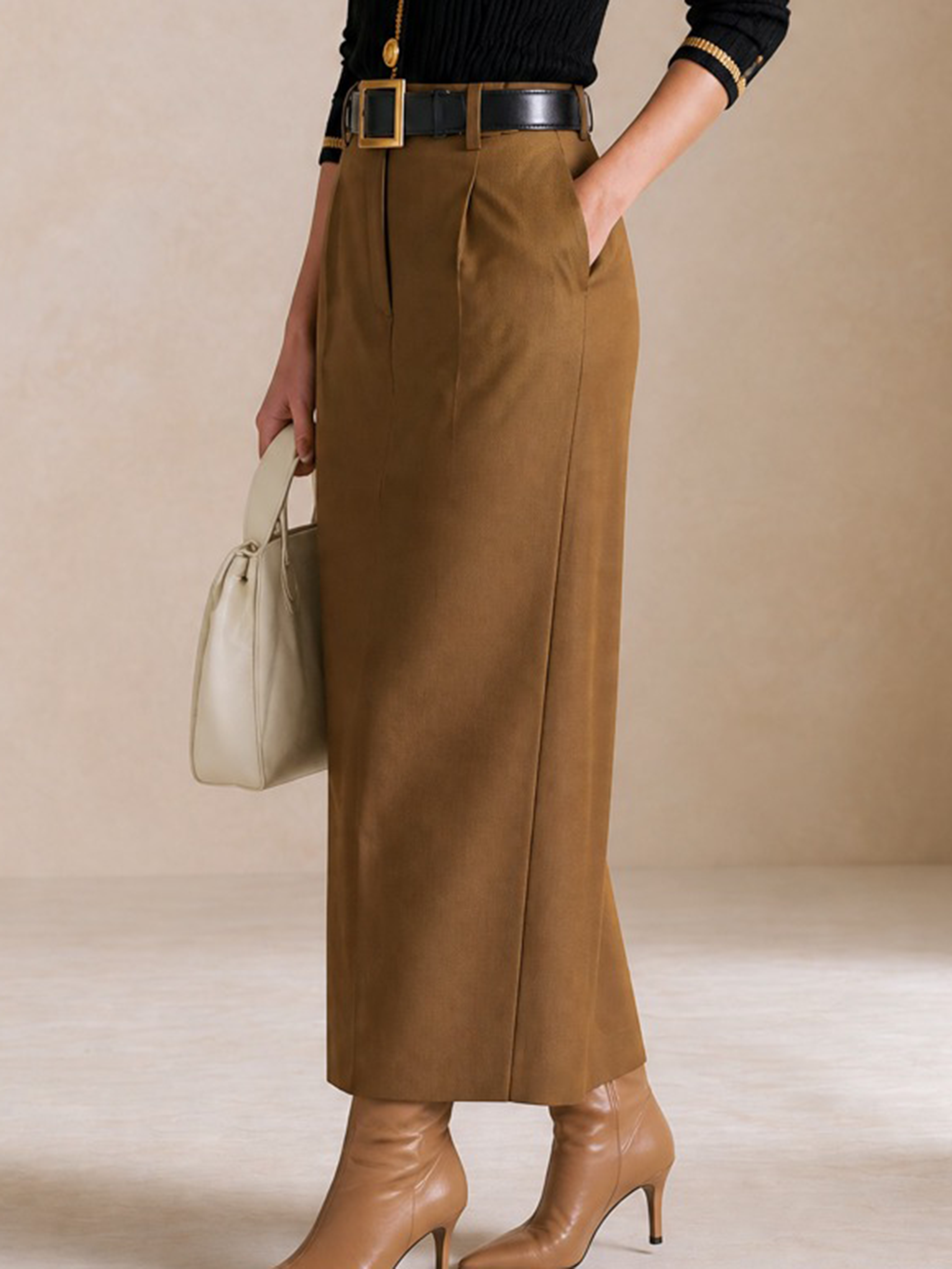 Coffee High‑Waist Pleated Tailored Straight Maxi Skirt
